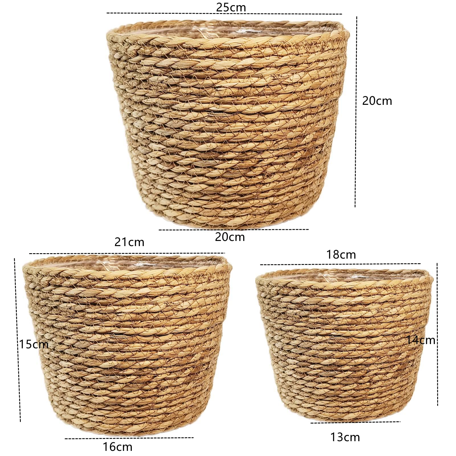 3pcs Cesta para Plantas, Macetero Mimbre, Macetas Decorativas Interior y Exterior, Cesto de jardín Seagrass con Asas, Cesta de Almacenamiento, Diámetro18cm,20cm,25cm