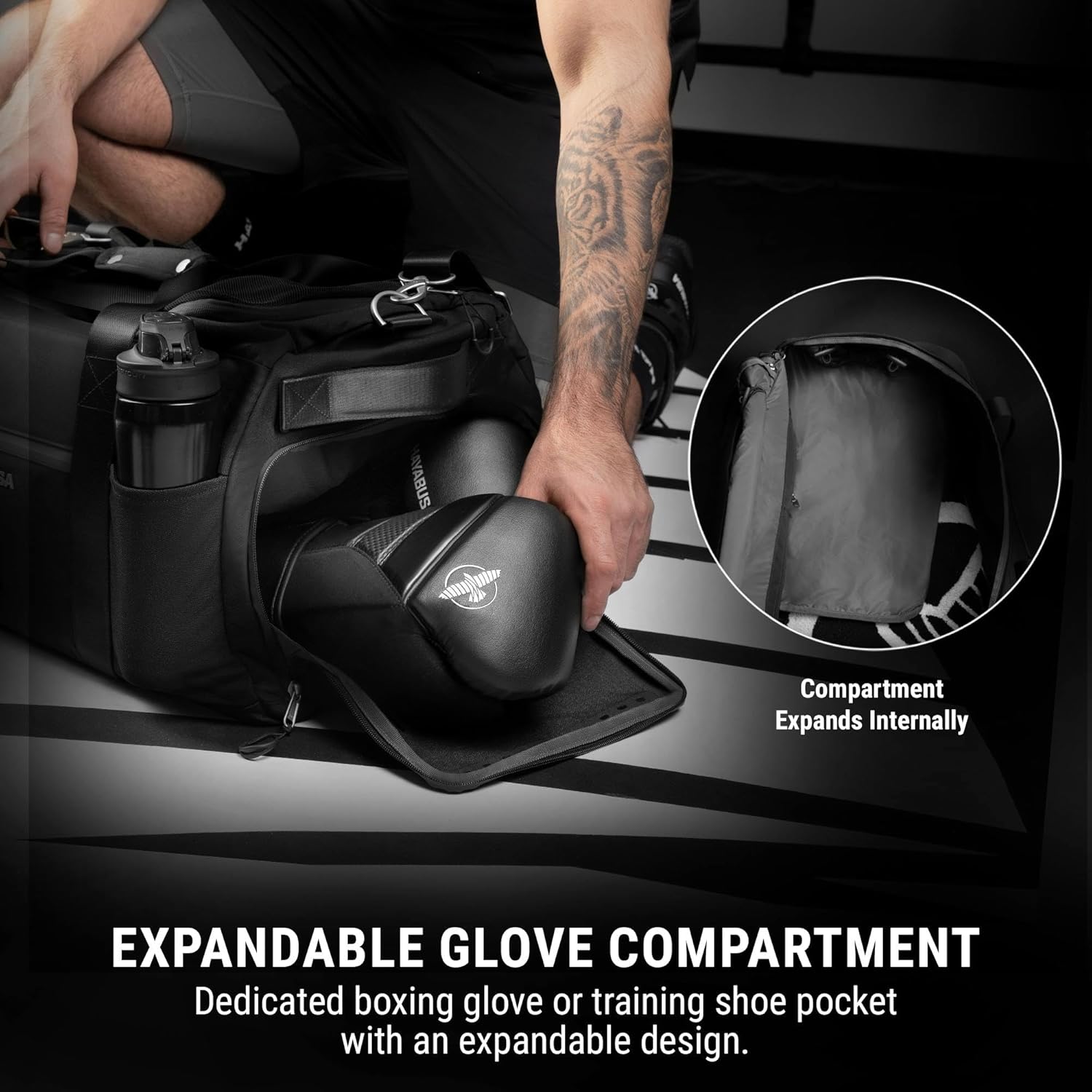 Hayabusa Airstream Athletic Duffle Gym Bag for Women and Men - Black, 50l duffle bag - 7 zippered Pockets, Good for travel, Boxing, MMA, BJJ, kickboxing, Muay Thai, wrestling, Glove/Shoe Compartment - Image 4