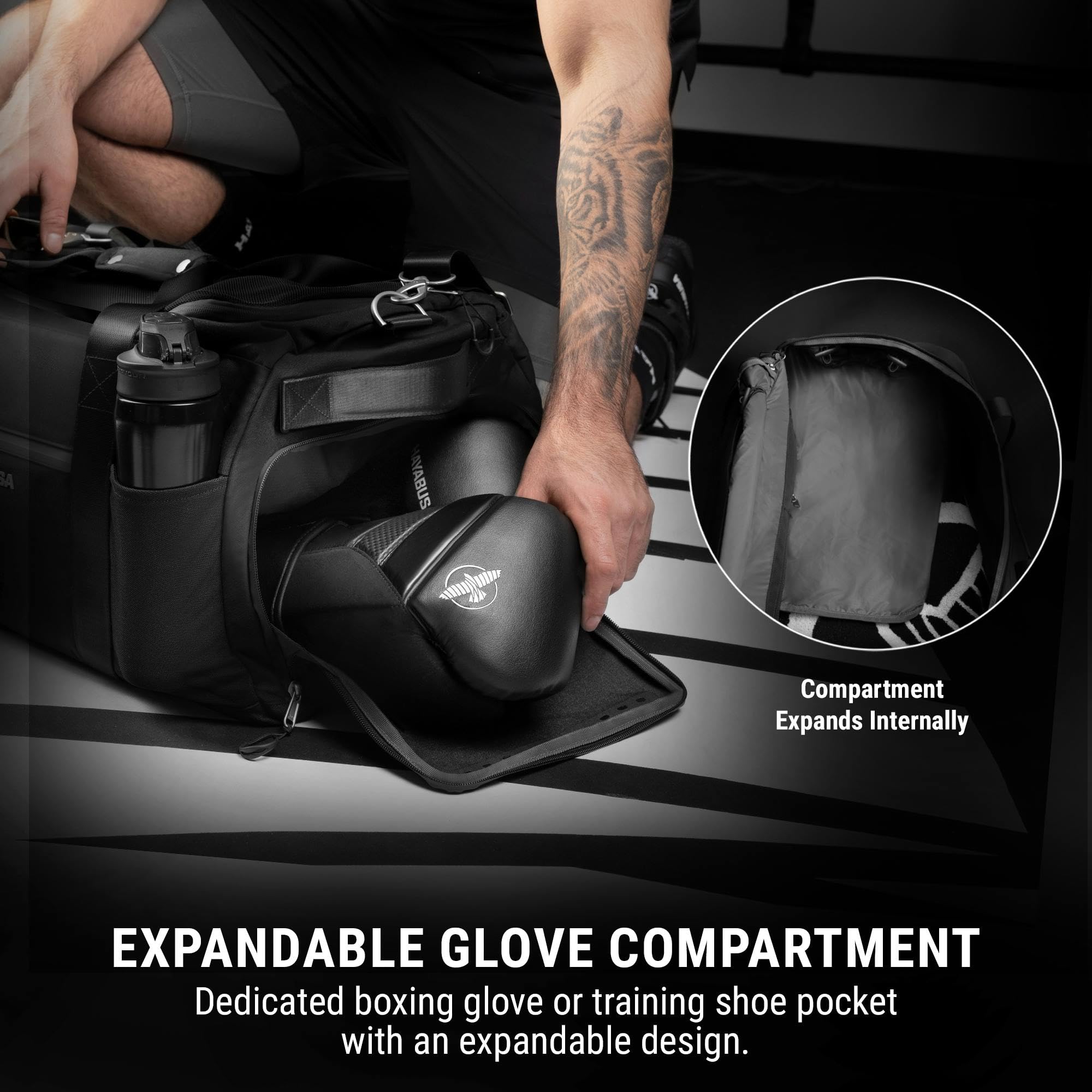 Hayabusa Airstream Bolsa de gimnasio negra 50 l 7 bolsillos con cremallera para viajes boxeo MMA BJJ kickboxing