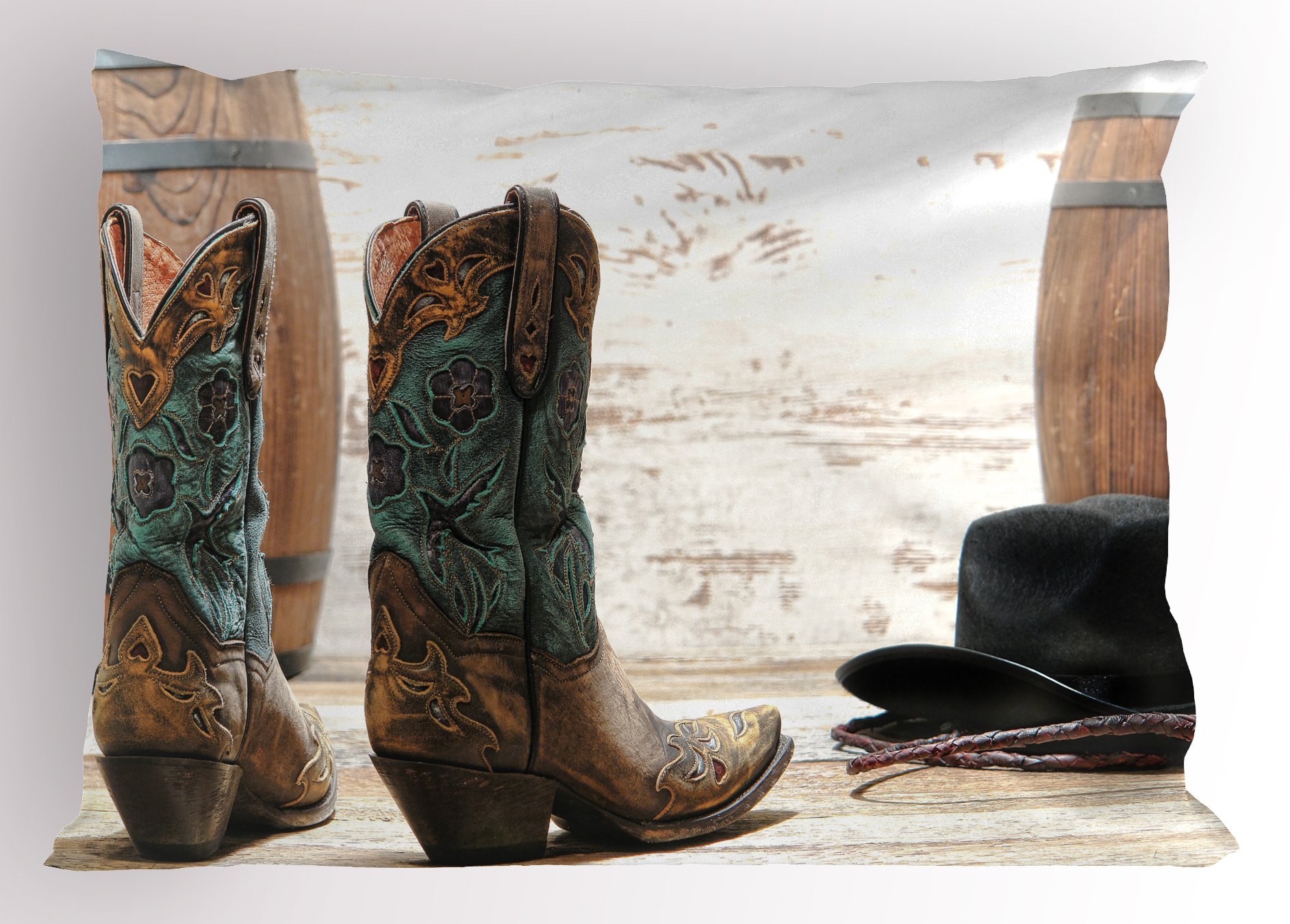 Ambesonne Western Pillow Sham, American Rodeo Theme Cowgirl Design Leather Boots Hat Rustic Picture, Decorative Standard Size Printed Pillowcase, 26