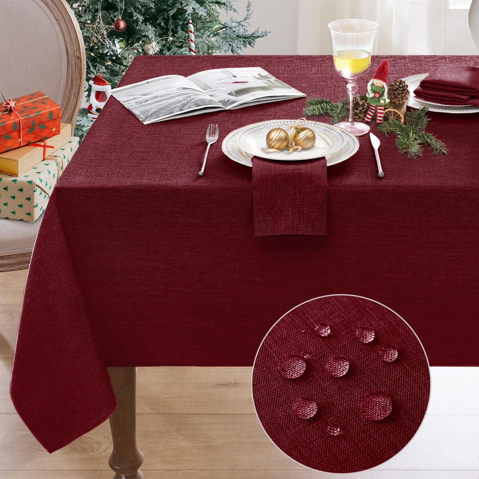 Softalker Tovaglia natale elegante 140x100 cm quadrata centrotavola Tovaglia antimacchia moderna rosso Tovaglie in finto lino decorativa per natalizia, esterno feste, compleanno, cucina, 1 pezzo