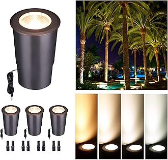 In Ground Landscape Lighting Low Voltage - 2700K-5000K 5 Color Selectable IP67 LED Well Lights, Outdoor 12V Open Top in-Grade Light, ORB Aluminum for Lawn Driveway Garden 9W 700LM 4 Pack