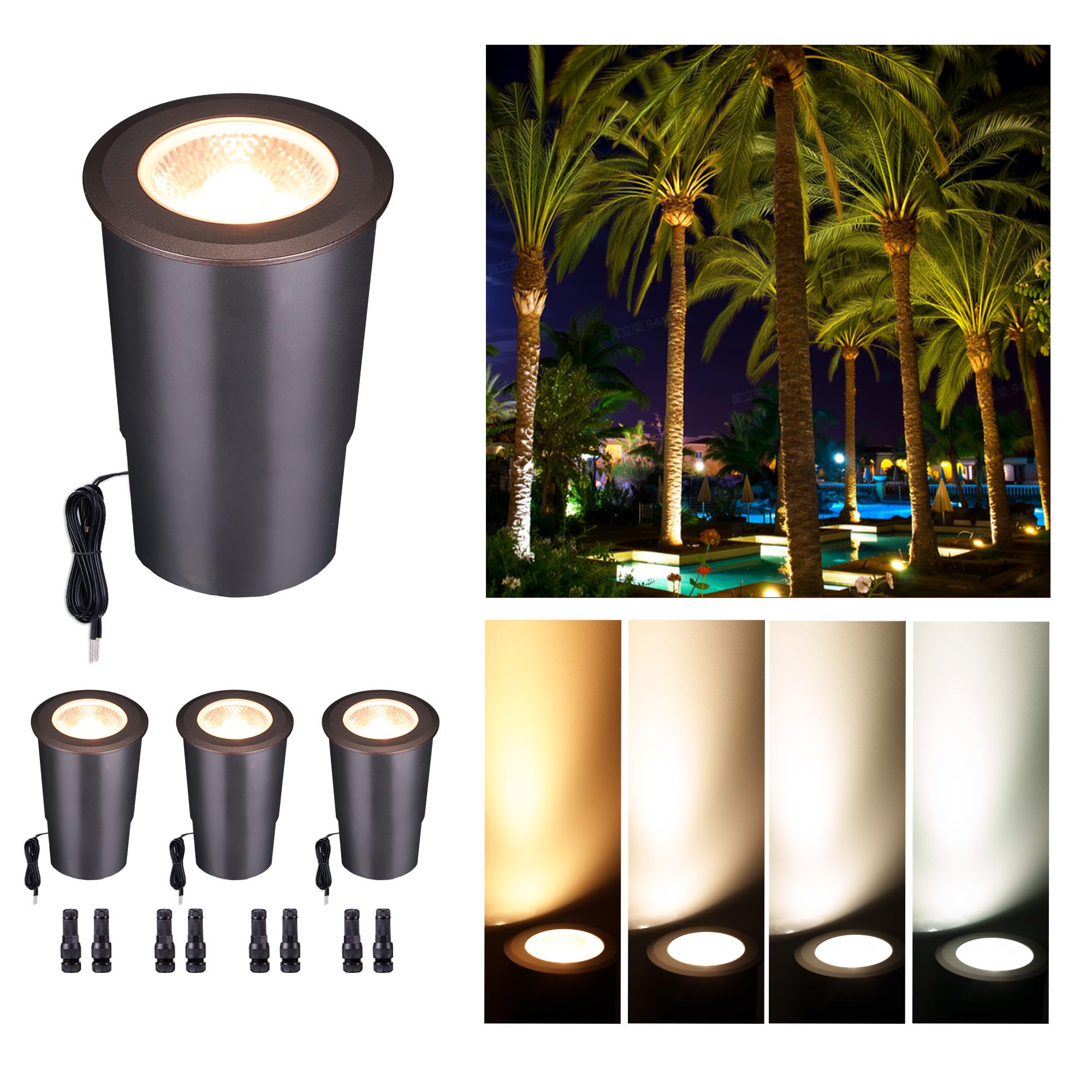 In Ground Landscape Lighting Low Voltage - 2700K-5000K 5 Color Selectable IP67 LED Well Lights, Outdoor 12V Open Top in-Grade Light, ORB Aluminum for Lawn Driveway Garden 9W 700LM 4 Pack