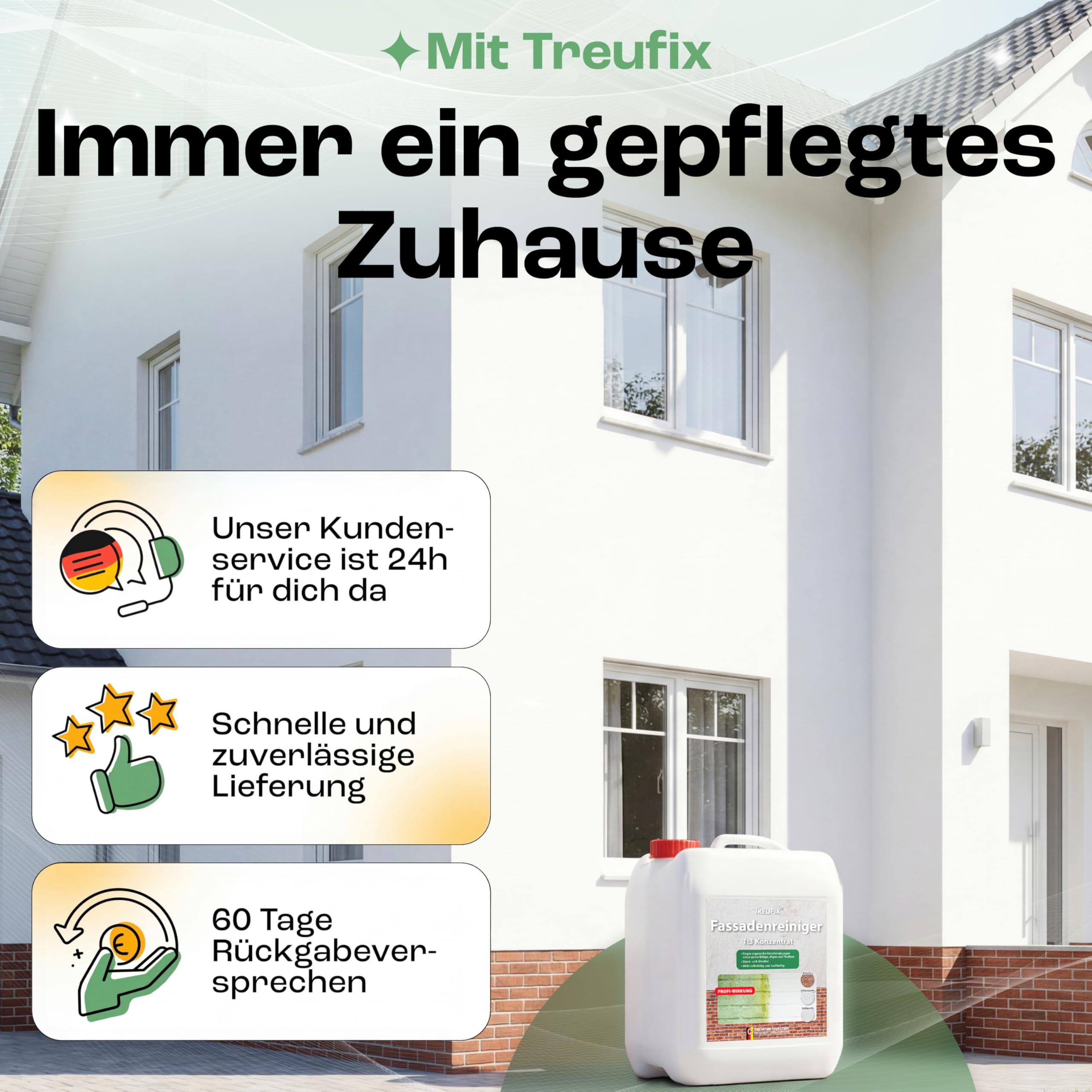 Treufix Fassadenreiniger Konzentrat 5L kraftvoll gegen Algen & Grünbelag | Profi Fassadenreinigung gegen organische Verschmutzungen für Putz, Beton, Klinker Hauswand & mineralische Fassaden