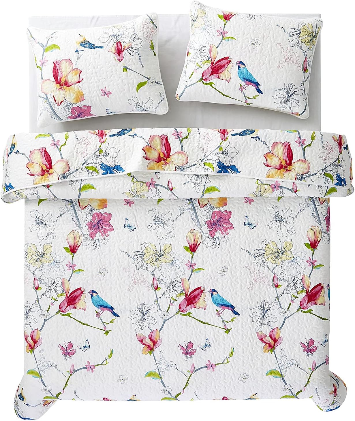 Wake In Cloud - Floral Quilt Set, Botanical Flowers Birds Pattern Printed, 100% Cotton Fabric with Soft Microfiber Inner Fill Bedspread Coverlet Beddings (3pcs, Twin Size)