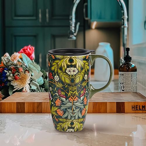 Miniatura 2 de DUSVALLY Taza de café con asa y tapa, tazas de cerámica adecuadas para portavasos de automóvil, taza de café de porcelana, taza de té latte, taza de