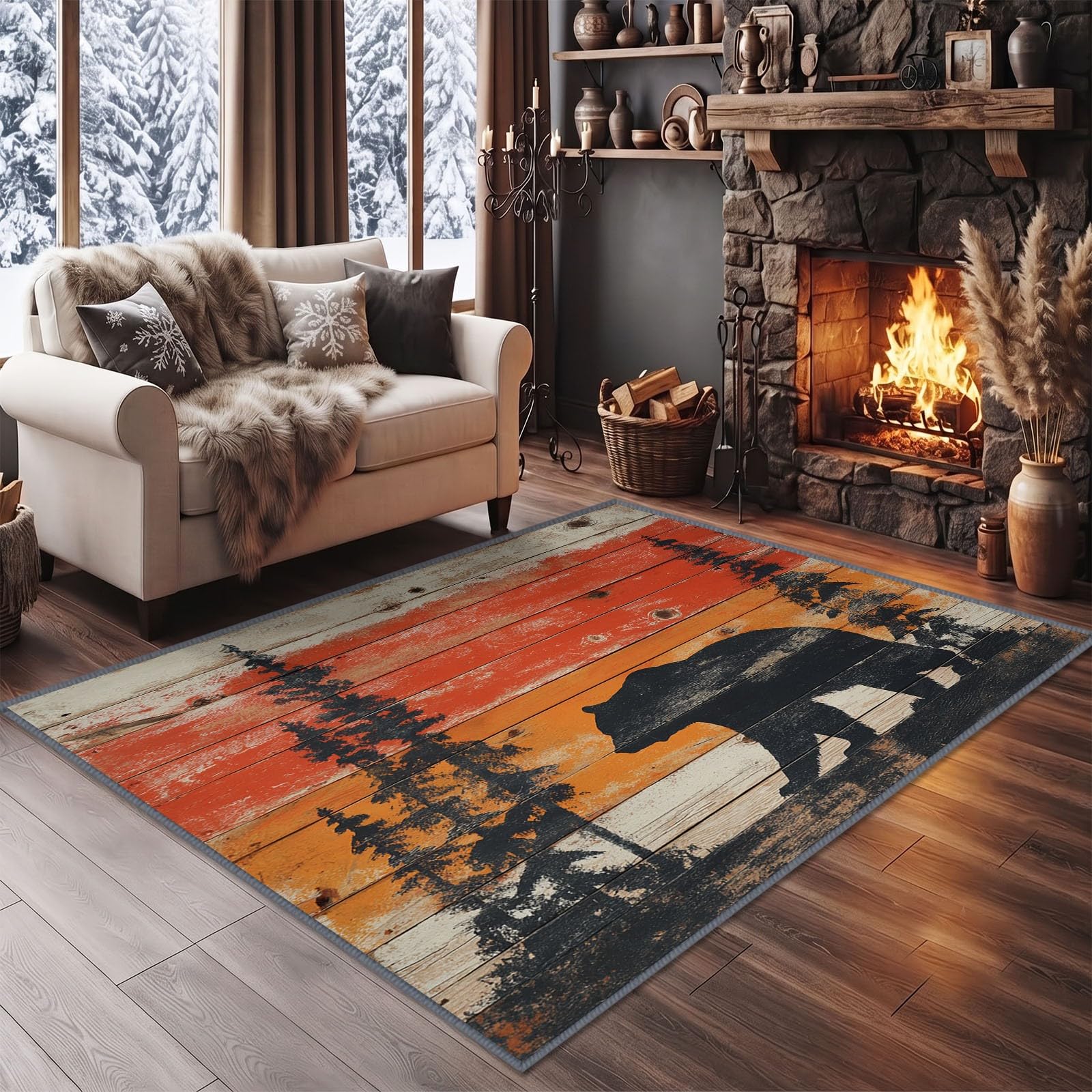 Alfombra para sala de estar, 140 x 200 cm, lavable a máquina, diseño de oso animal, alfombra de pino, alfombra rústica antideslizante de pelo bajo, alfombra para dormitorio, comedor, lavandería