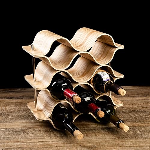 Miniatura 5 de Botellero de escritorio de 9 botellas de 6 niveles Wave para encimera, soporte para botellas de almacenamiento de vino, madera, moderno y minimalista