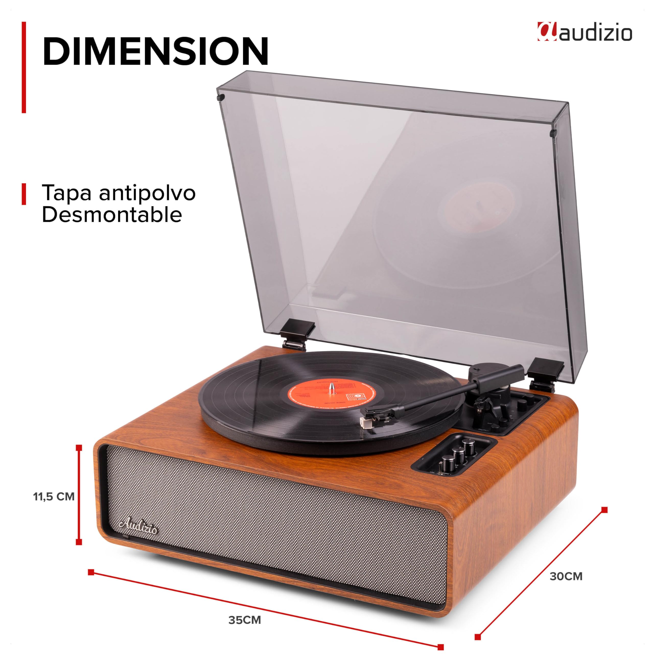 Audizio Laredo - Tocadiscos con BT portátil + Maleta RC37 marrón Oscuro | Bluetooth incorporado, diseño portátil y cápsula Audio Technica, sonido estéreo, para tu salón de estilo retro clásico