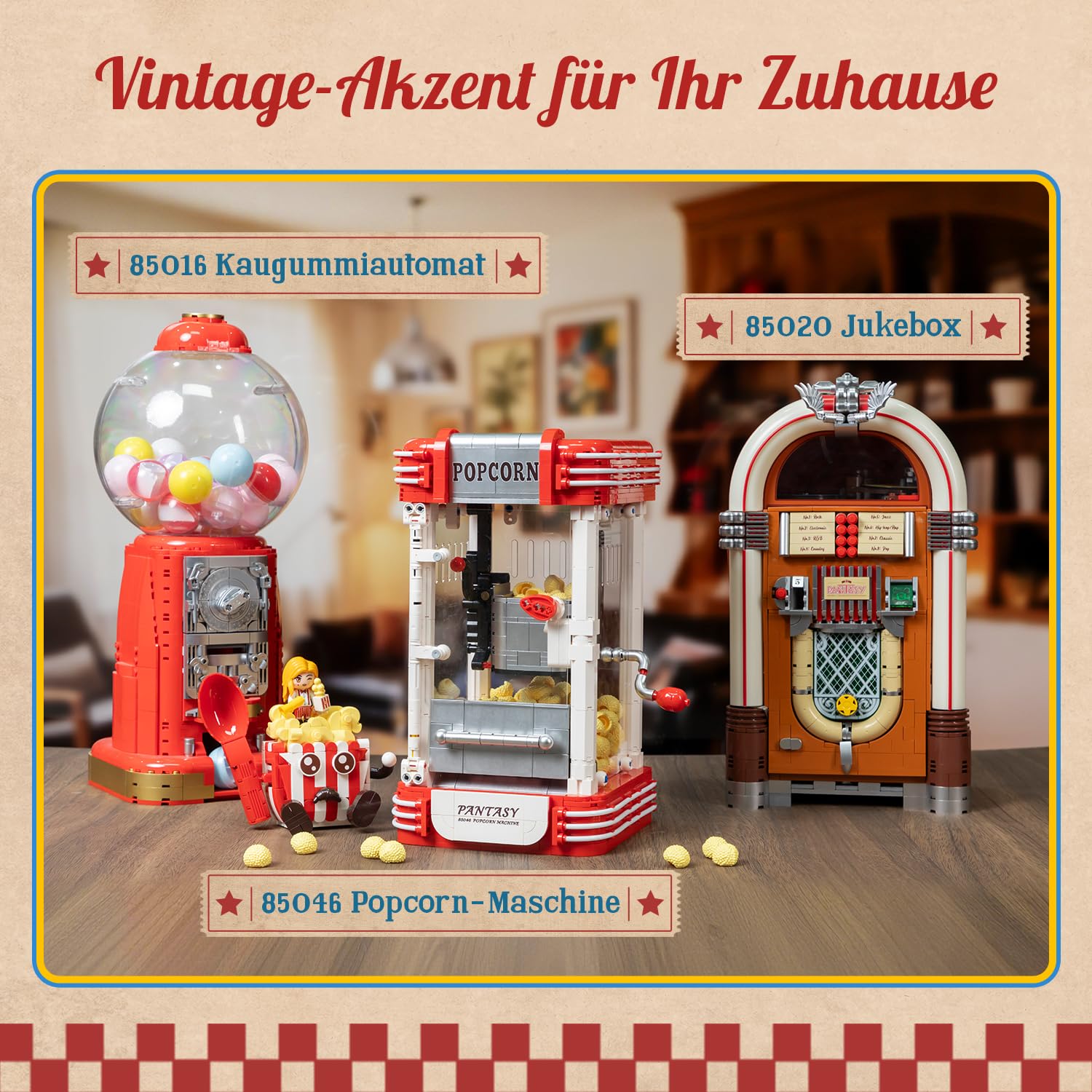 PANTASY Retro Popcornmaschine Klemmbausteine Set | Interaktives Kinomodell mit Drehkurbel, Figur und Popcorn-Elementen, nostalgische Display-Deko für Film- und Retro-Fans
