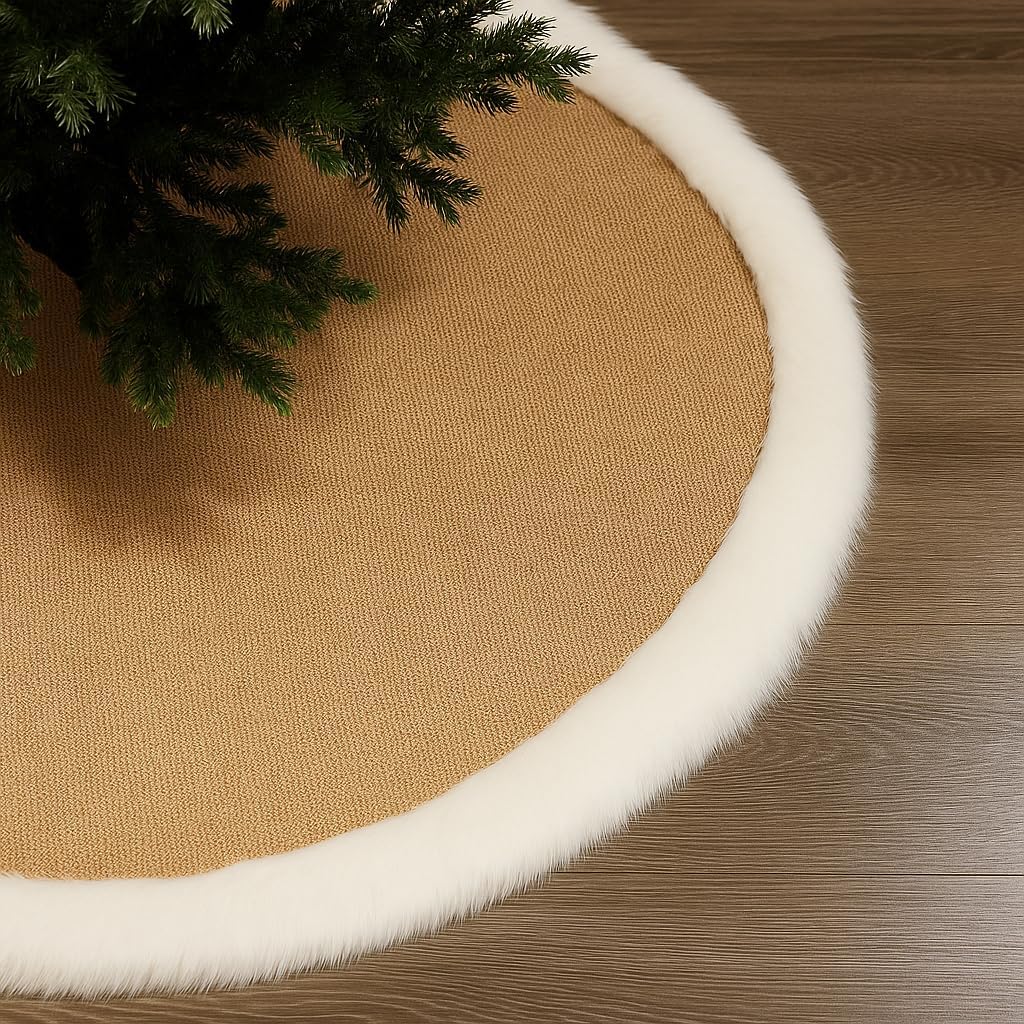 Fennco Styles Rustic Burlap White Faux Fur Trim Tree Skirt 52 Inch Round - Natural Christmas Tree Skirt for Holiday, Home Decor, Family Gathering and Special Occasion