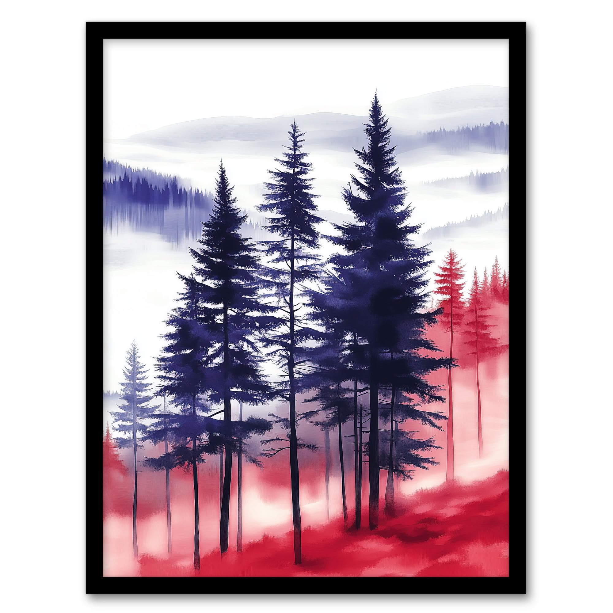 Artery8 Misty Pine Tree Forest Blue Red Landscape Wall Art PrintA4 Size from B&Q