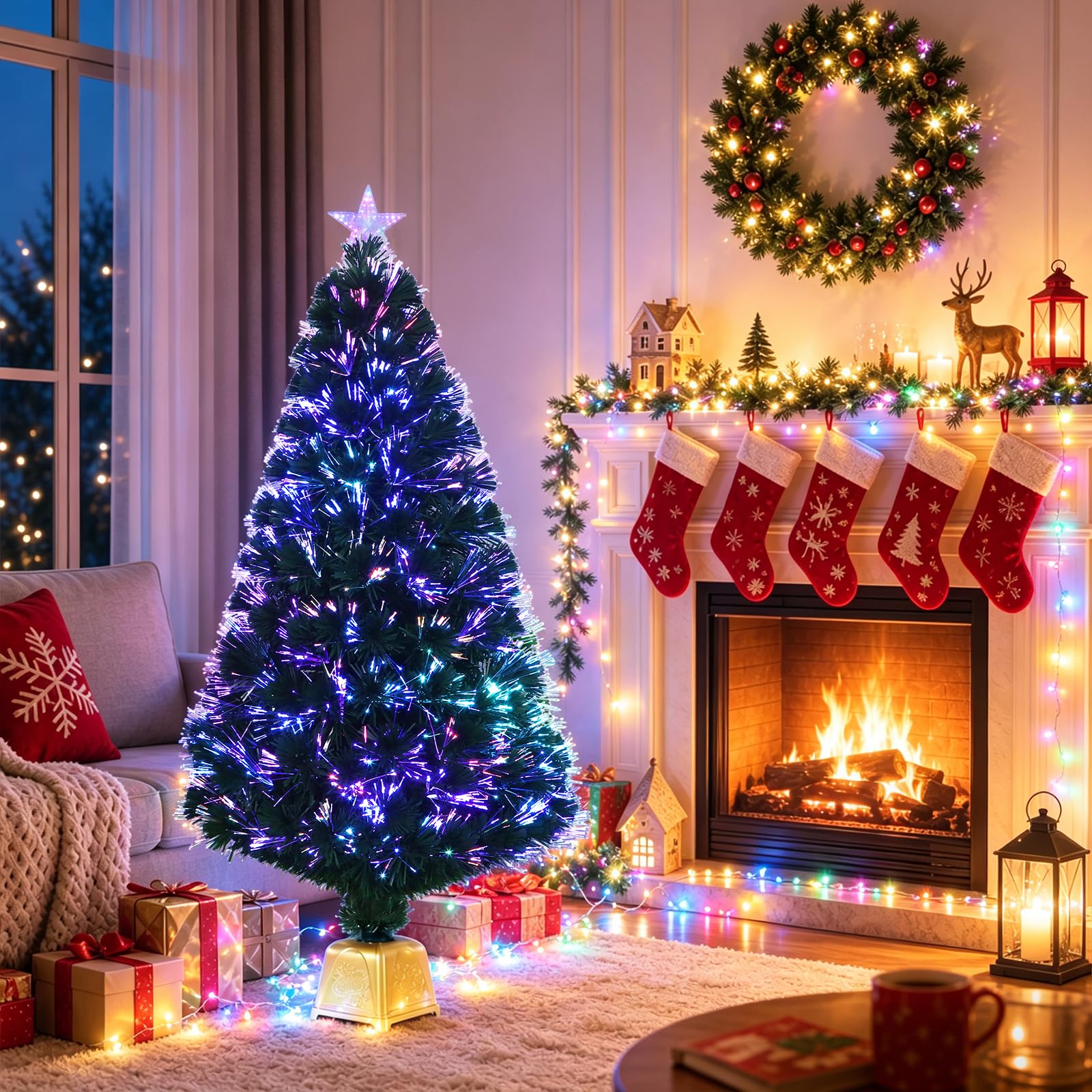 Albero di Natale artificiale verde in fibra ottica, 1,2 m, con supporto
