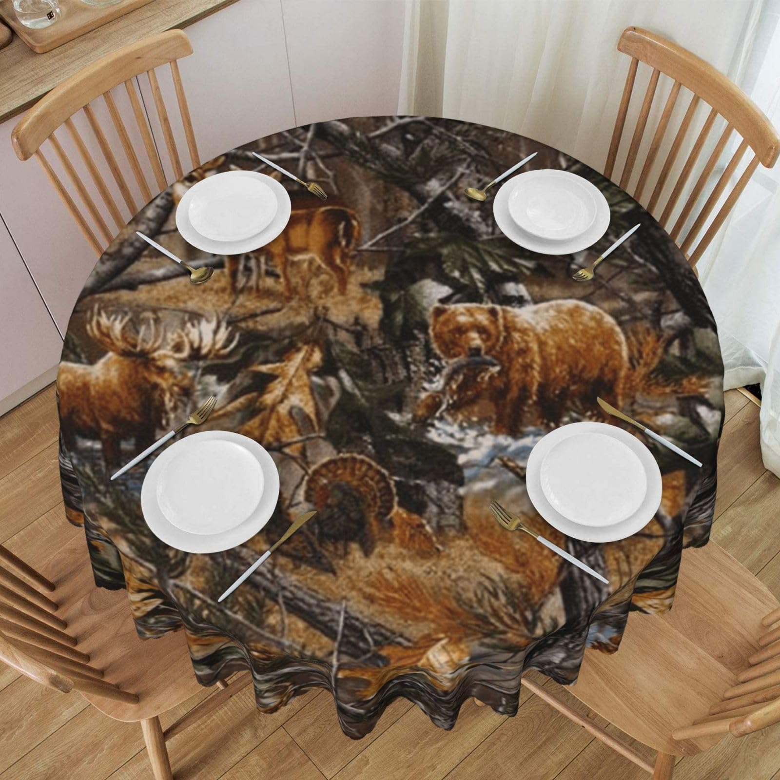 DCEHGEW 60 In Round Tablecloth with Lace, Hunting Deer Bear Moose Printed Oilproof & Washable Fabric Picnic Table Cloth Table Covers