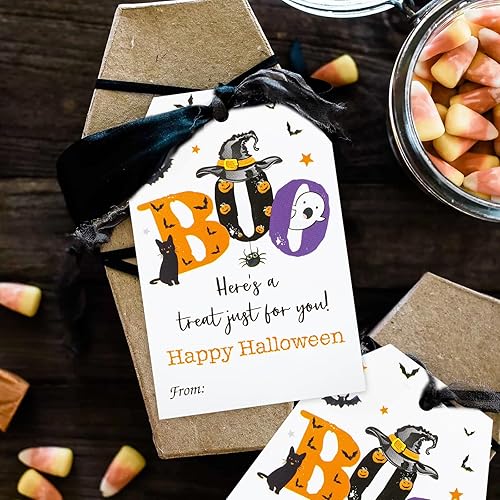 Miniatura 7 de jijAcraft 50 etiquetas de Feliz Halloween con cuerda, etiquetas de regalo de nombre de Halloween, 3.3 x 2.1 pulgadas, papel blanco, etiquetas de