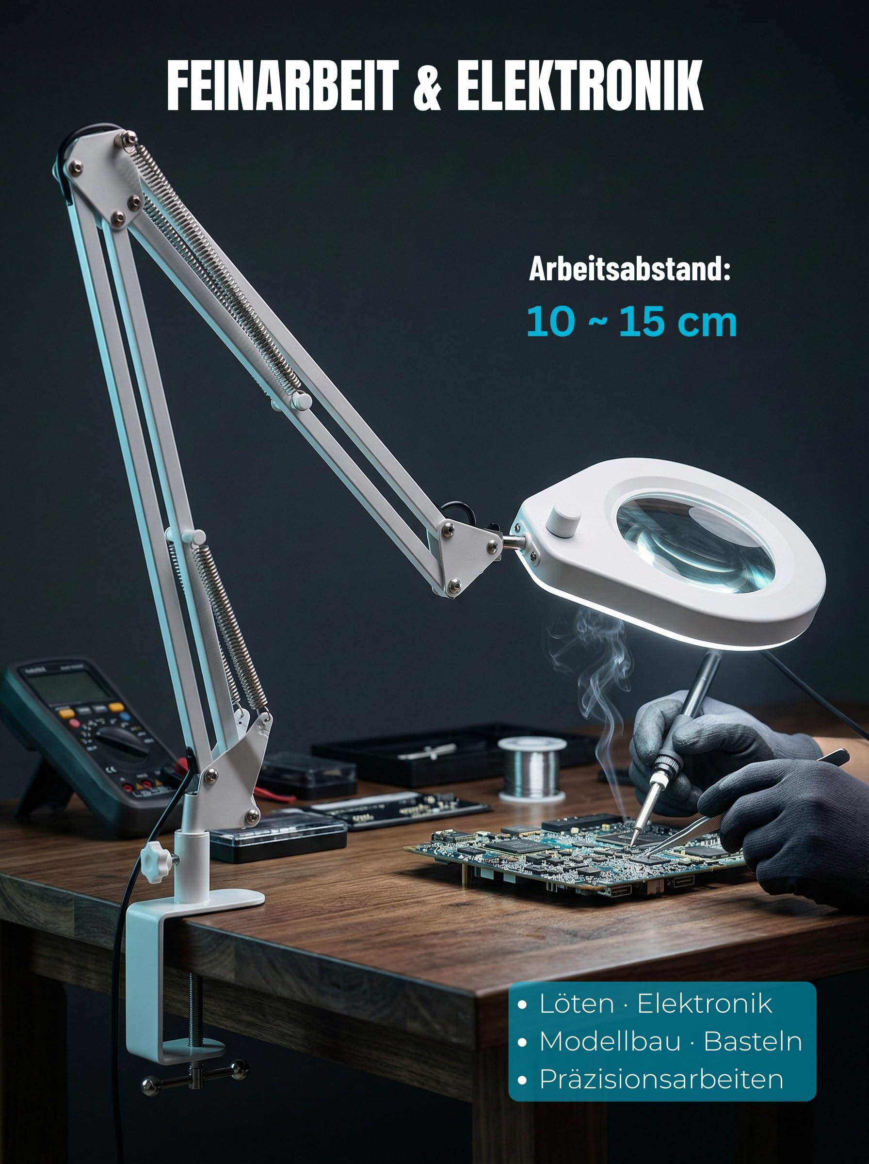 Lupenleuchte LED mit Klemme & Gelenkarm – 5 Dioptrien, Dimmbar | 10,5 cm Glaslinse, 5 Lichtfarben, 6,4 cm Klemme, 90 cm Arm, Präzision, Handarbeit, Hobby, Lesen