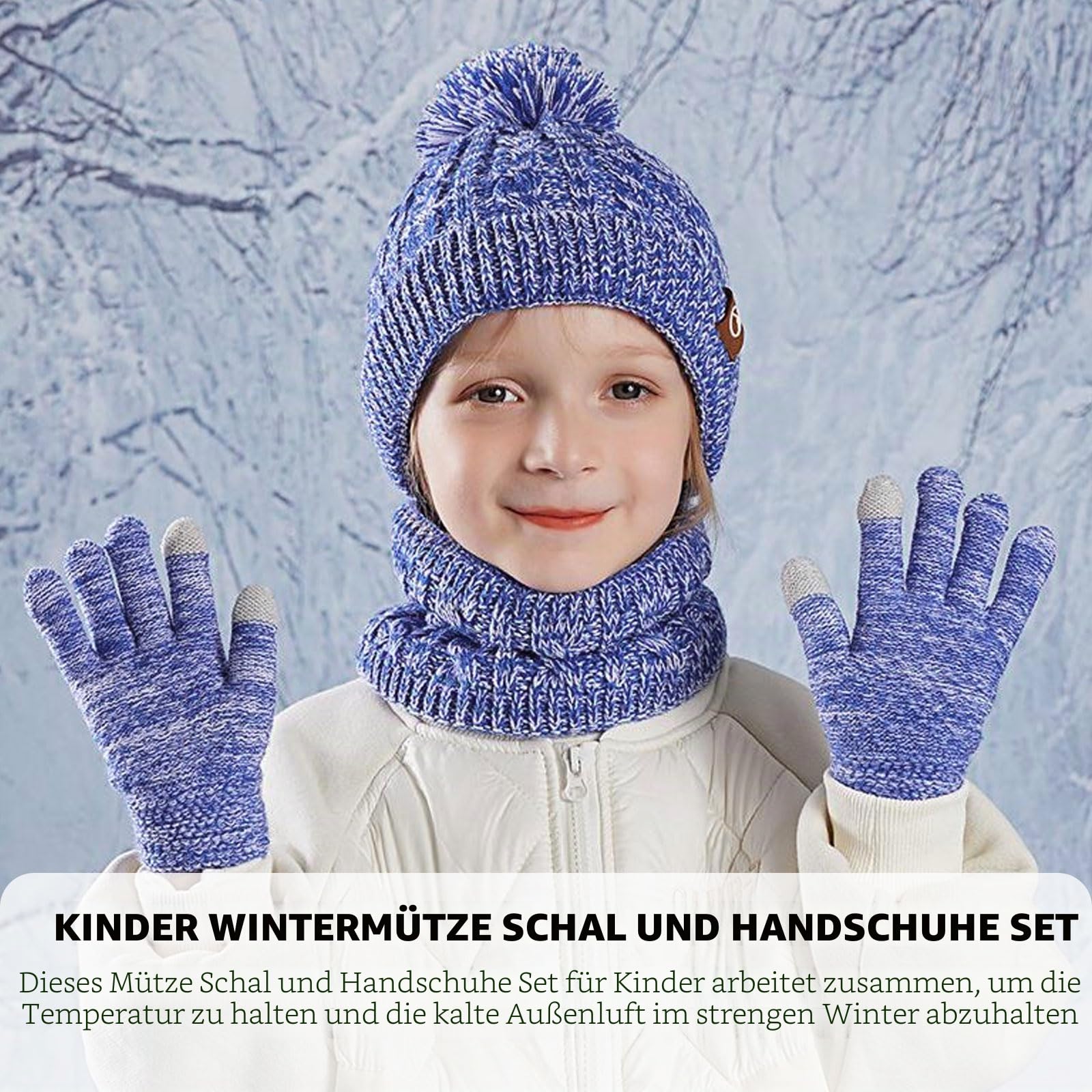 Kinder-Wintermütze, Schal und Handschuhe, warme Thermo-Strickmütze, Halswärmer, Touchscreen-Handschuh mit weichem Fleecefutter, für Mädchen und Jungen, Alter 4–10 Jahre
