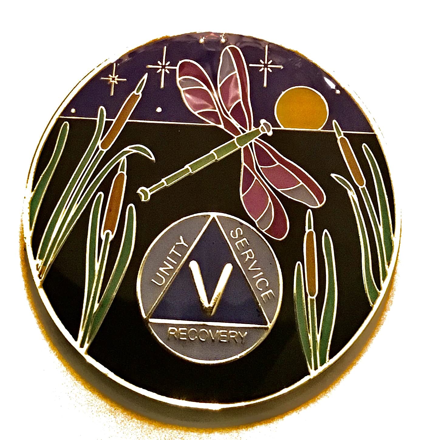 Recovery Line 5 Year The Dragonfly Promises AA Medallion Alcoholics Anonymous Chip, Token, Coin, Purple