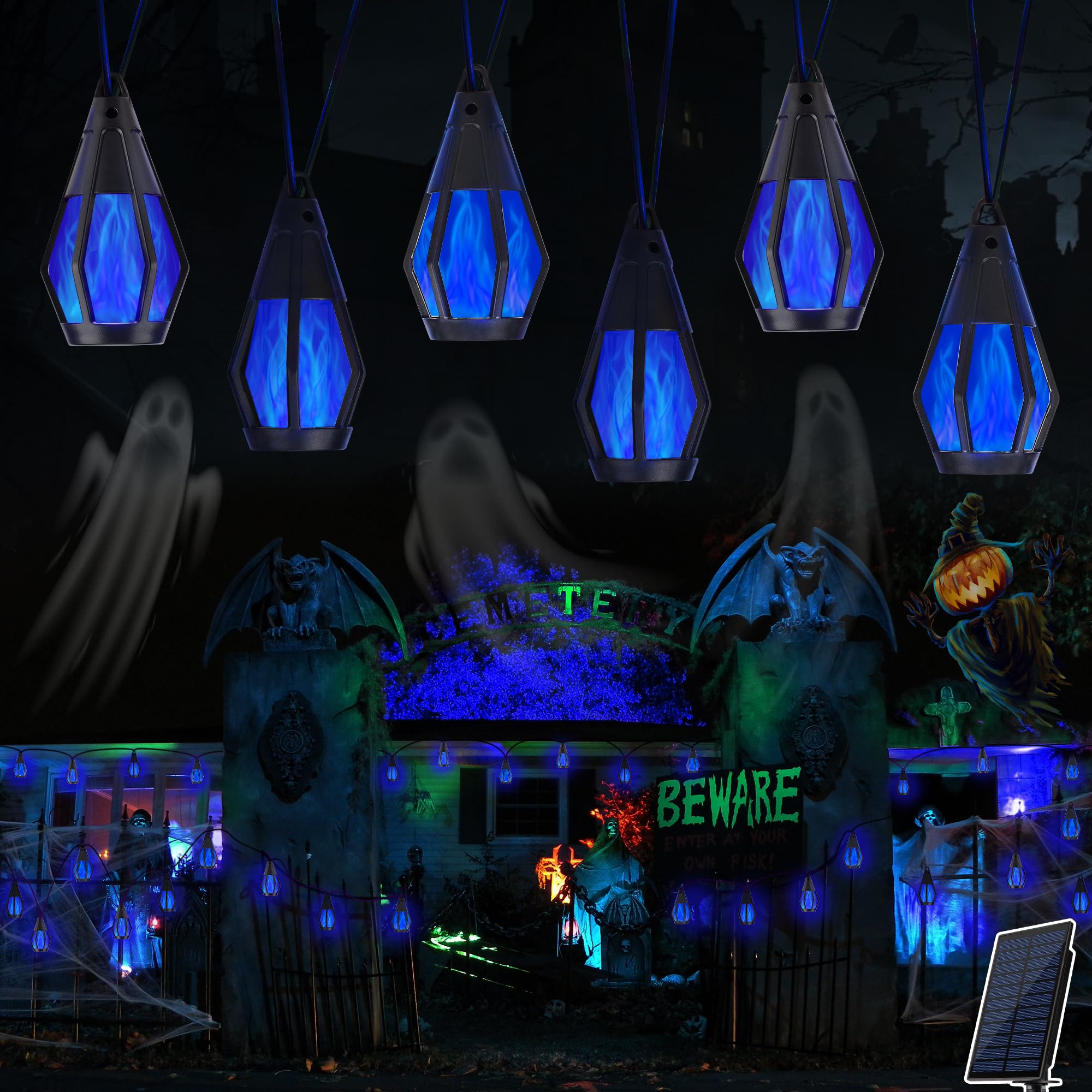 Solar String Lights for Outside, 33Ft Solar Patio Lights with 15 Flickering Flame Light Bulbs, Waterproof Blue Solar Powered Outdoor Light for Garden Yard Patio Gazebo Bistro Cafe Porch Party Decor