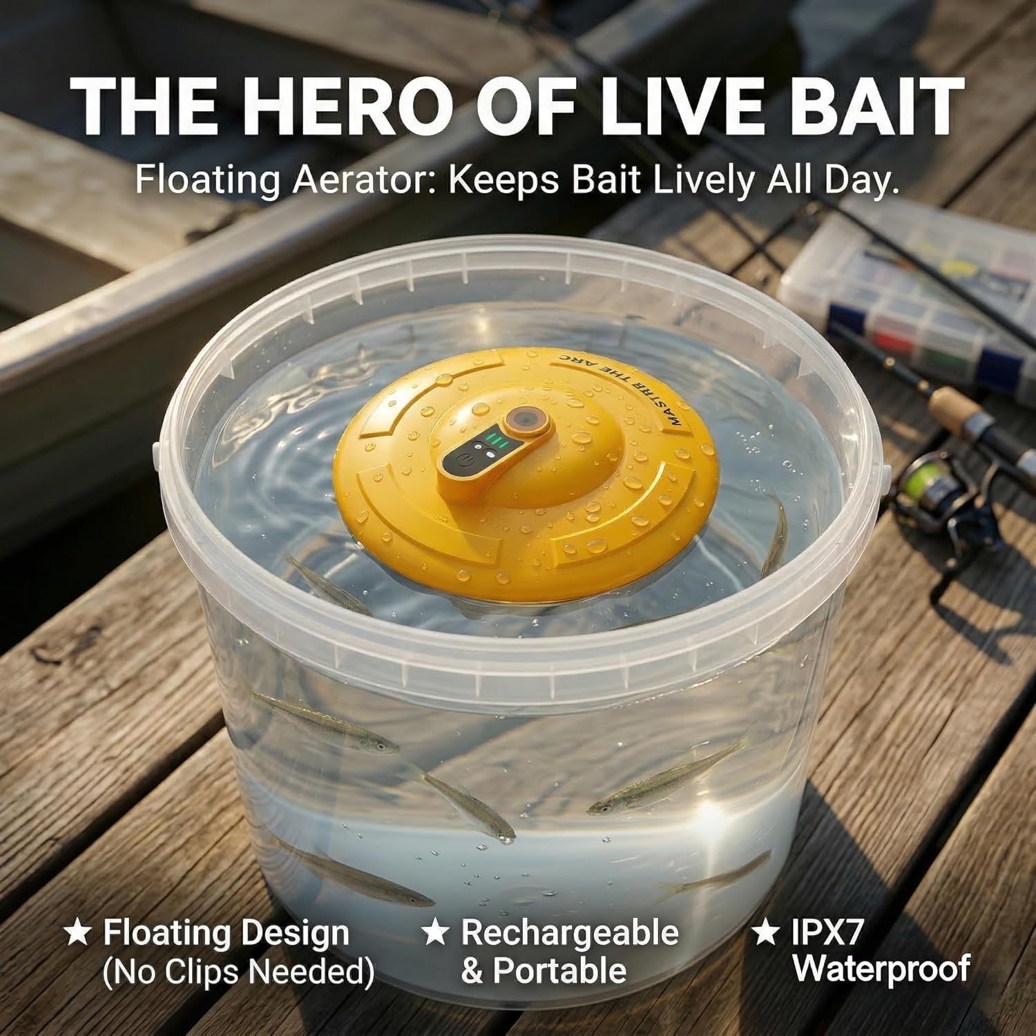 Floating Bait Bucket Aerator, IPX7 Waterproof Portable Air Pump for Live Bait & Minnows, Magnetic Rechargeable 2000mAh Battery (Up to 14H), Quiet Bubbler for Fishing, Ice Fishing, Fish Tank