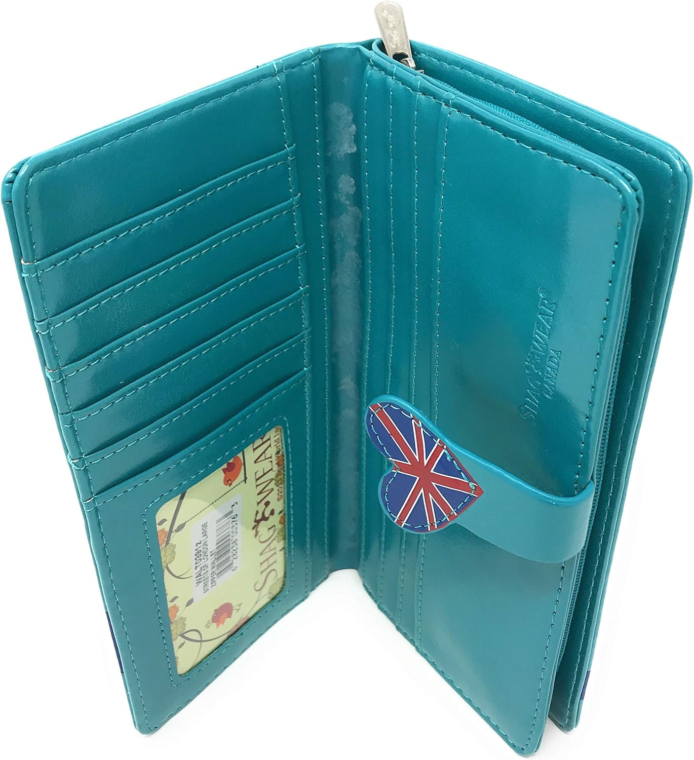 Shag Wear Streets of London Large Wallet Vegan Faux Leather City Travel Design Clutch with Card Slots Bill Compartments ID Window Zippered Coin Pocket 7" Teal