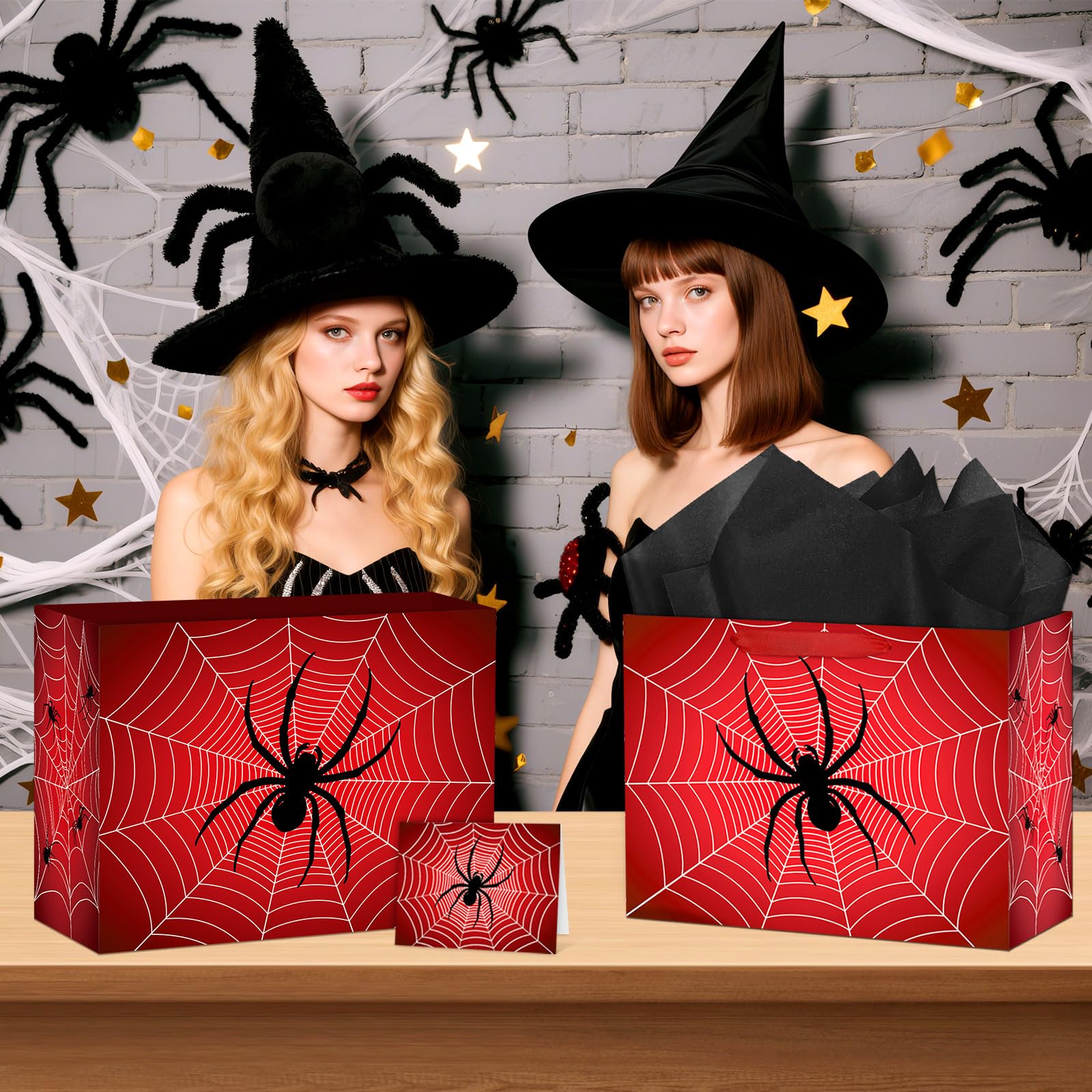 Abilat Large Spider Gift Bag with Tissue Paper and Greeting Card Red Spider Web Birthday Party Favor Wrapping Bag for Boys Men Valentine Halloween Party Decorations