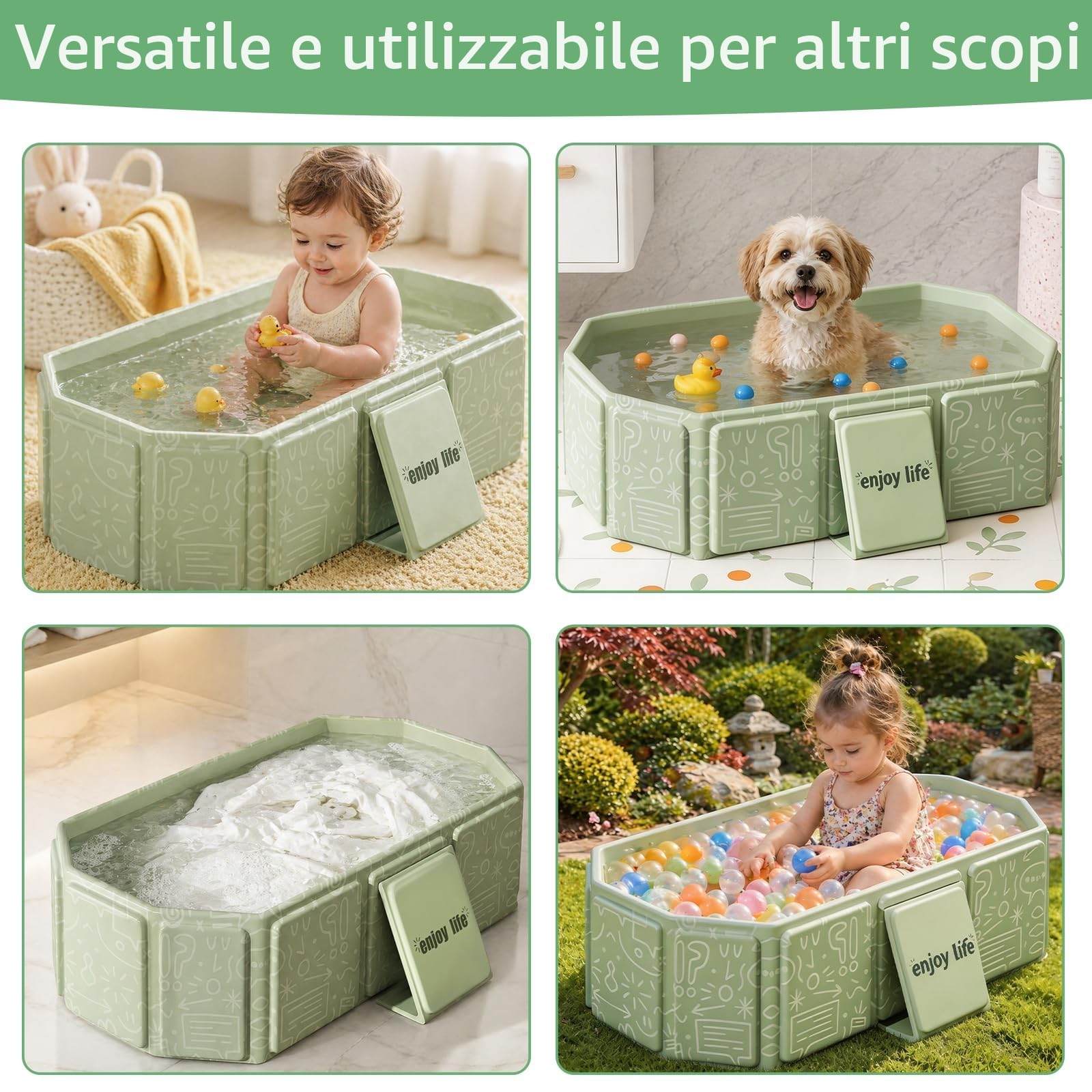 Vasca da Bagno Pieghevole per Bambini, Multiuso e Salvaspazio, Adatta da 0 a 8 Anni, Vaschetta Bagnetto Neonato Pieghevole con Tappo di Scolo, Vasca da Bagno Portatile per Bambini (Verde)