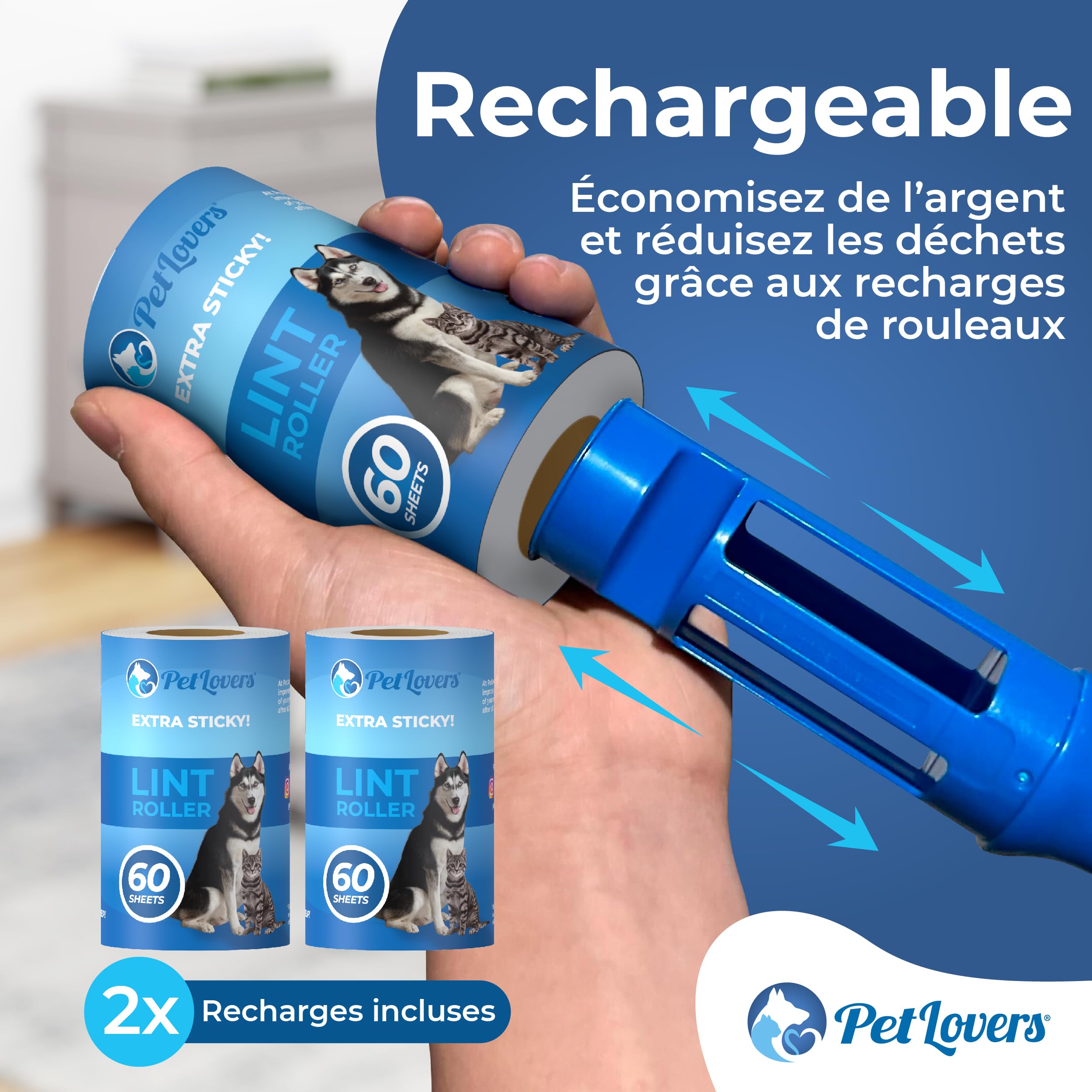 PetLovers Lot de 4 Rouleaux Anti-Peluches Extra Collants pour l'épilation des Animaux de Compagnie pour enlever Les Peluches de Chiens et de Chats (2 Rouleaux- 2 recharges)