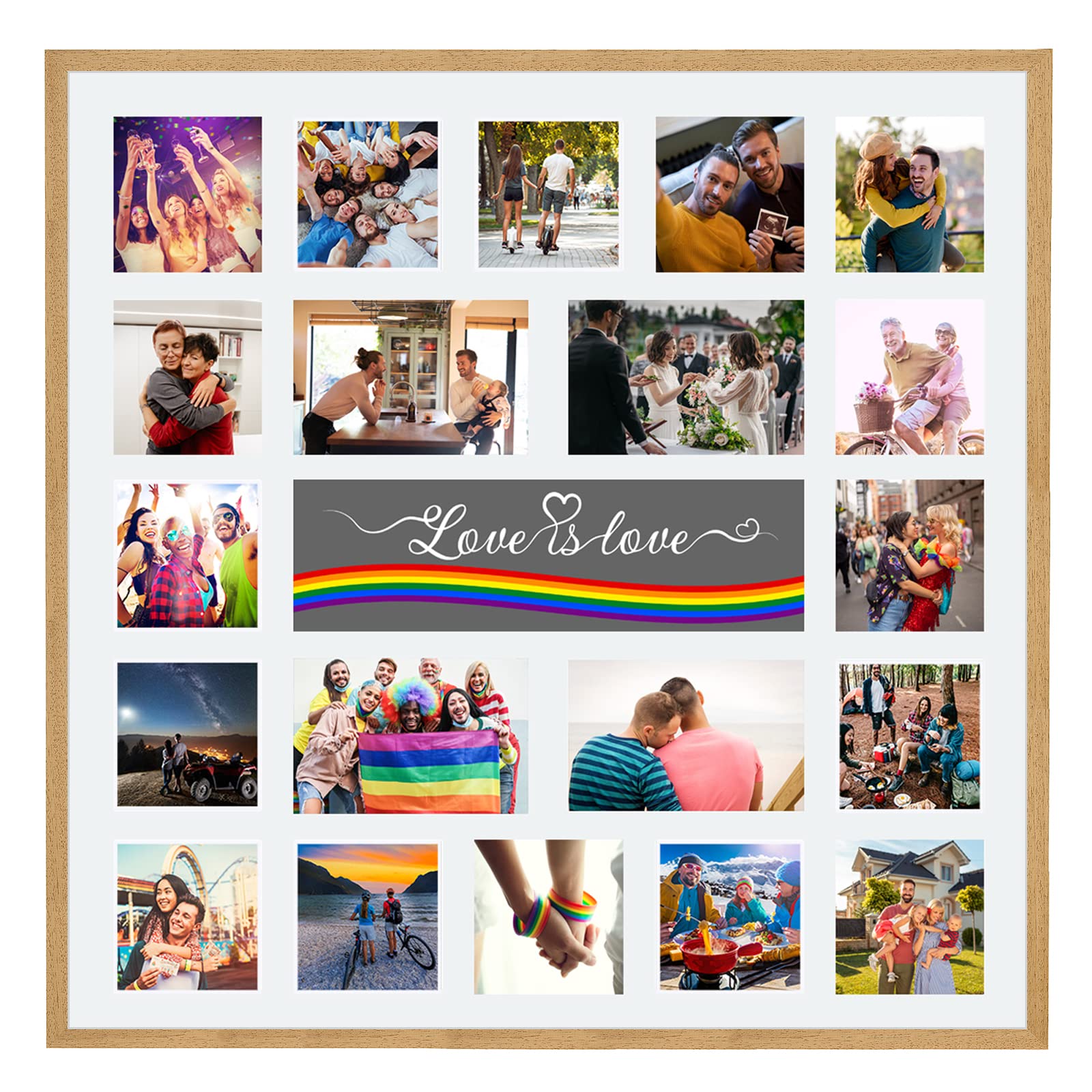 Large Multi Aperture Picture Photo Collage Frame, Colours and Designs (Love Is Love, Light Oak)