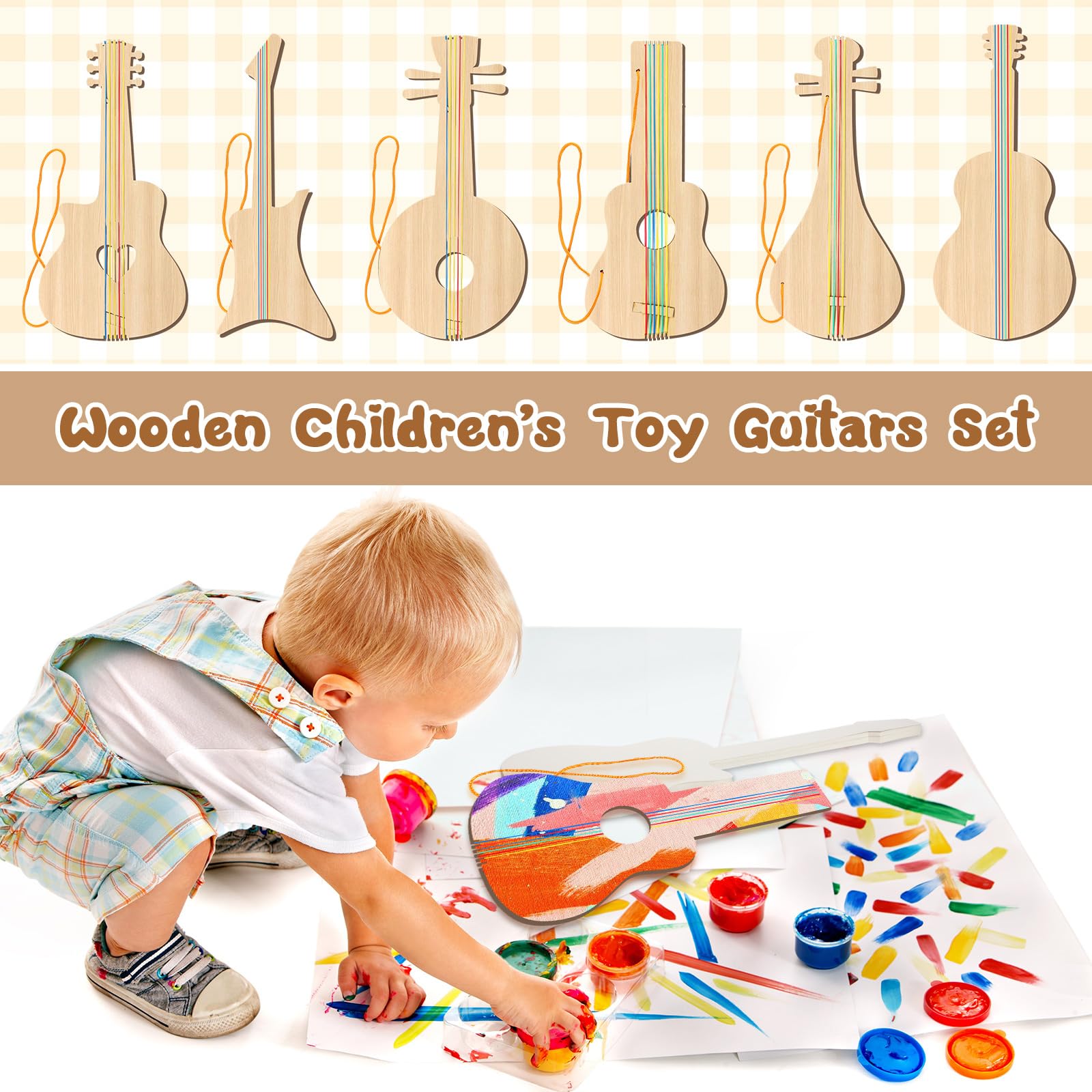 24 piezas de recortes de guitarra de madera para niños, recortes de guitarra de madera de 12 x 6.5 pulgadas para niños y niñas, instrumento musical de bambú para pintar, adecuado para clases de 5