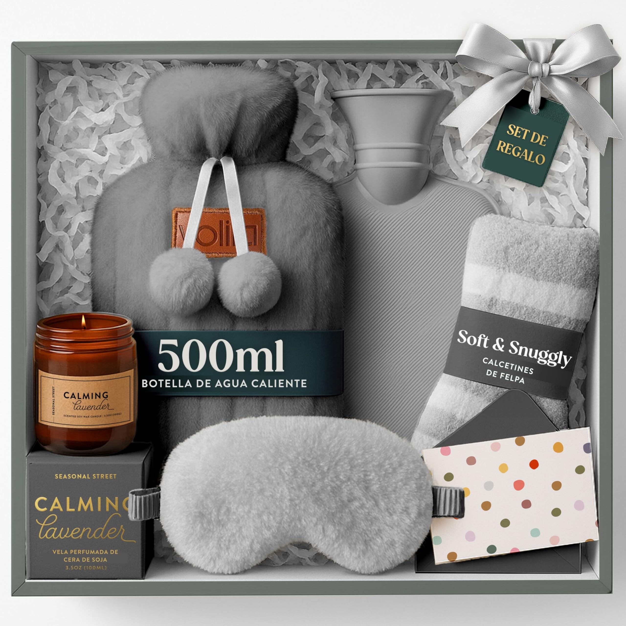 Regalo Mujer - Set Regalo Mujer Con Bolsa de Agua Caliente Gris, Calcetines de Felpa, Vela de Lavanda, Máscara Para los Ojos