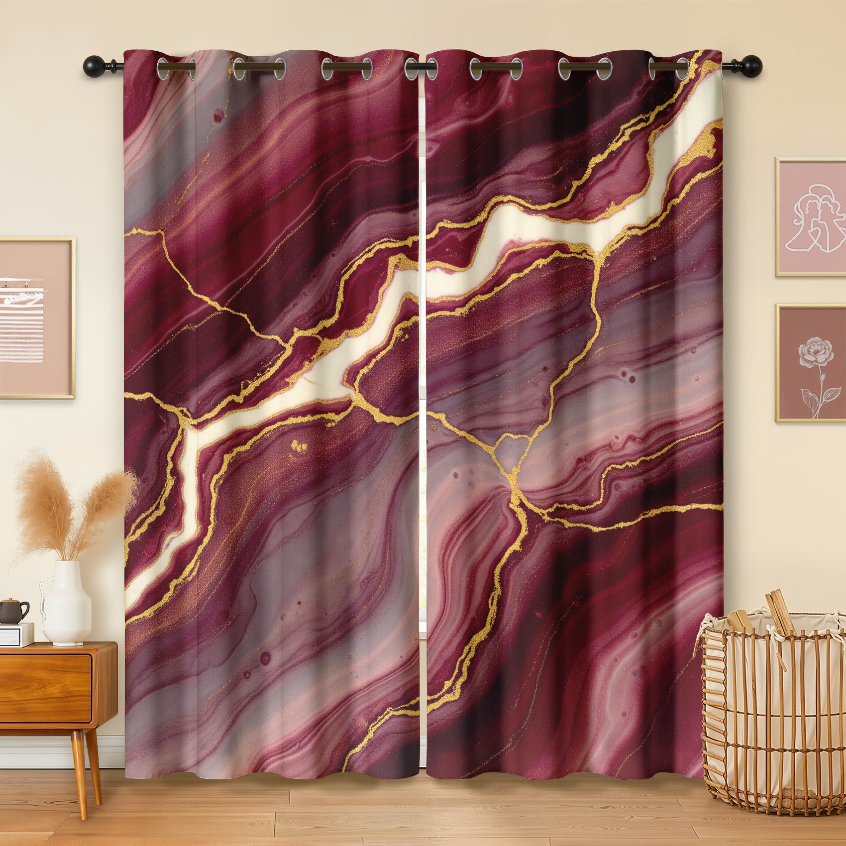 Havenix Luxury Marble Blackout Curtains for Bedroom Living Room, 72 inch Drop Curtains 46x72, Thermal Insulated Eyelet Drapes for Windows, Burgundy Red Abstract Patterned Window Treatments, 2 Panels