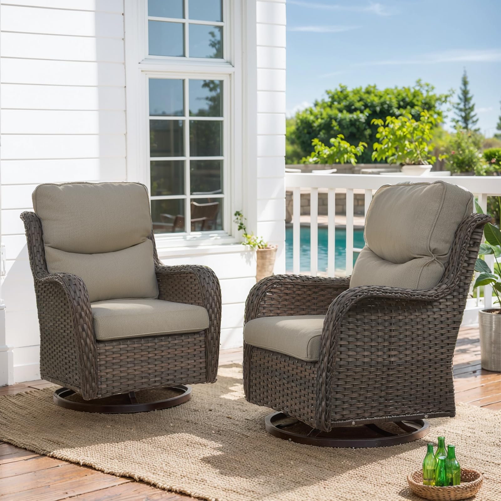 HUMMUH High Back Outdoor Swivel Rocker Patio Chairs Set of 2 with 5-Inch Thick Cushions, All-Weather Wicker Patio Furniture for Porch,Poolside, Deck,