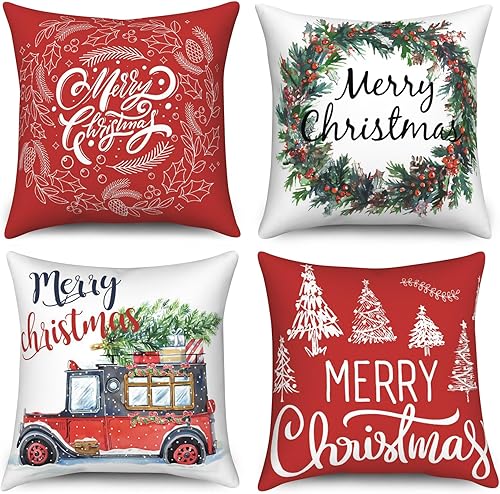 Juego de 4 fundas de almohada de Navidad de 20 x 20 pulgadas, fundas de almohada cuadradas de terciopelo verde invierno con árbol de Navidad en el