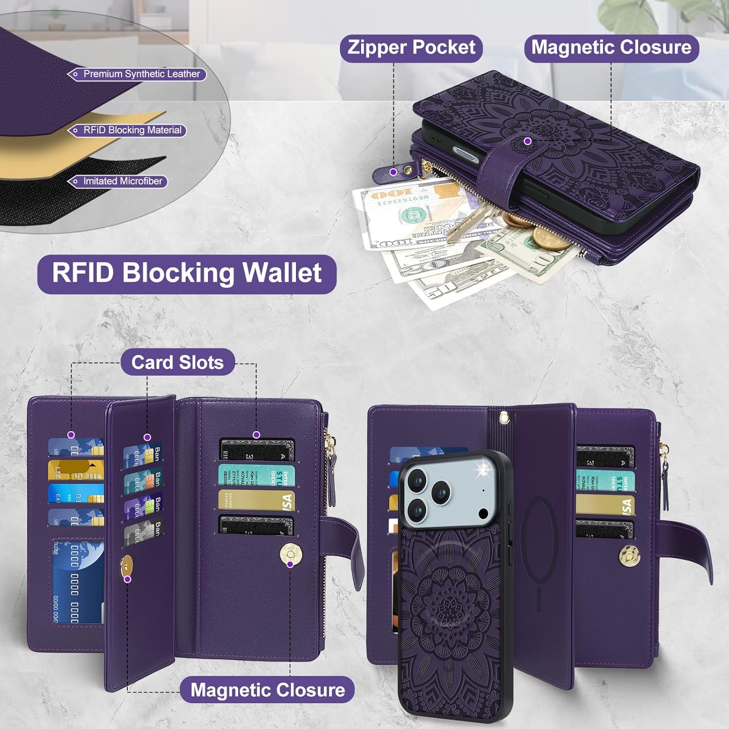 Harryshell 2 in 1 for iPhone 17 Pro Max Wallet Case Magnetic Compatible with Magsafe RFID Blocking Card Holder Detachable Phone Cover Zipper Purse Kickstand Wrist Strap for Men Women Floral Purple