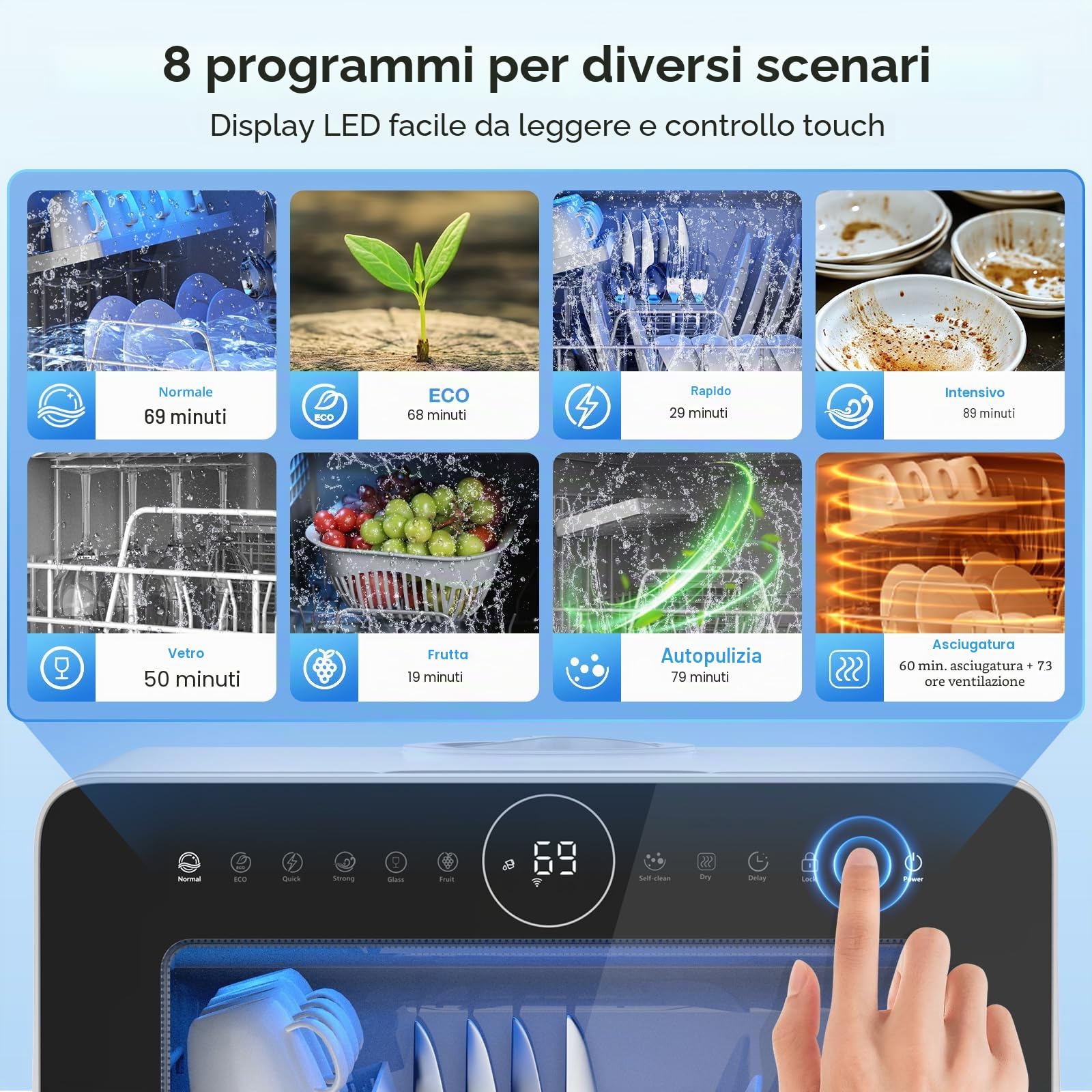 Mini lavastoviglie BLITZHOME controllo smart app, 8 programmi, lavastoviglie da tavolo portatile, serbatoio dell'acqua da 5 l, utilizzabile con/senza collegamento acqua, asciutto, prenotazione