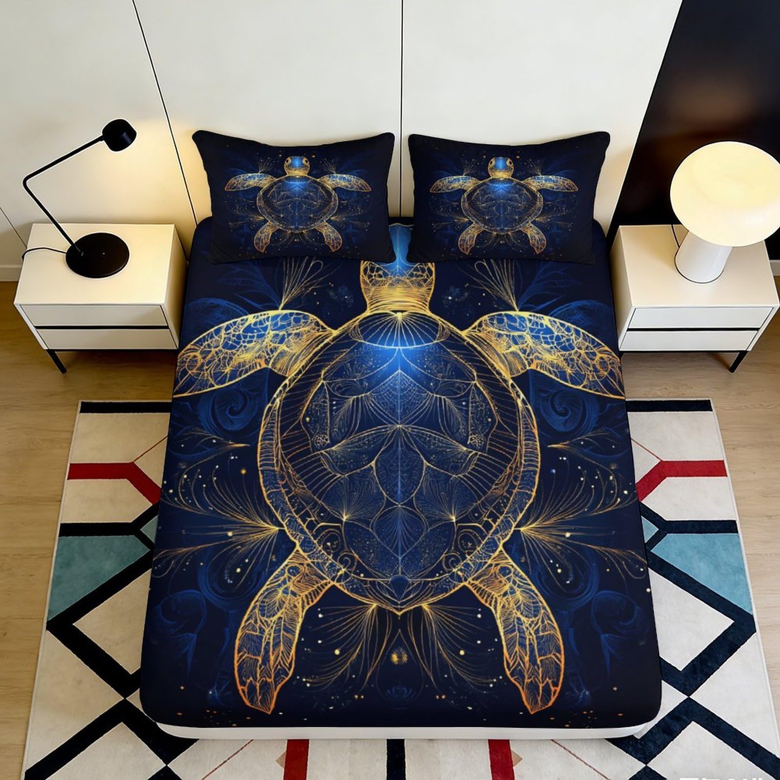 Jqzkxnhpbr Style-8 3D Printed Golden Turtle Fitted Sheet Microfiber Soft Navy Blue Ocean Mattress Cover For Bedroom Dorm Decor 90X200x25cm
