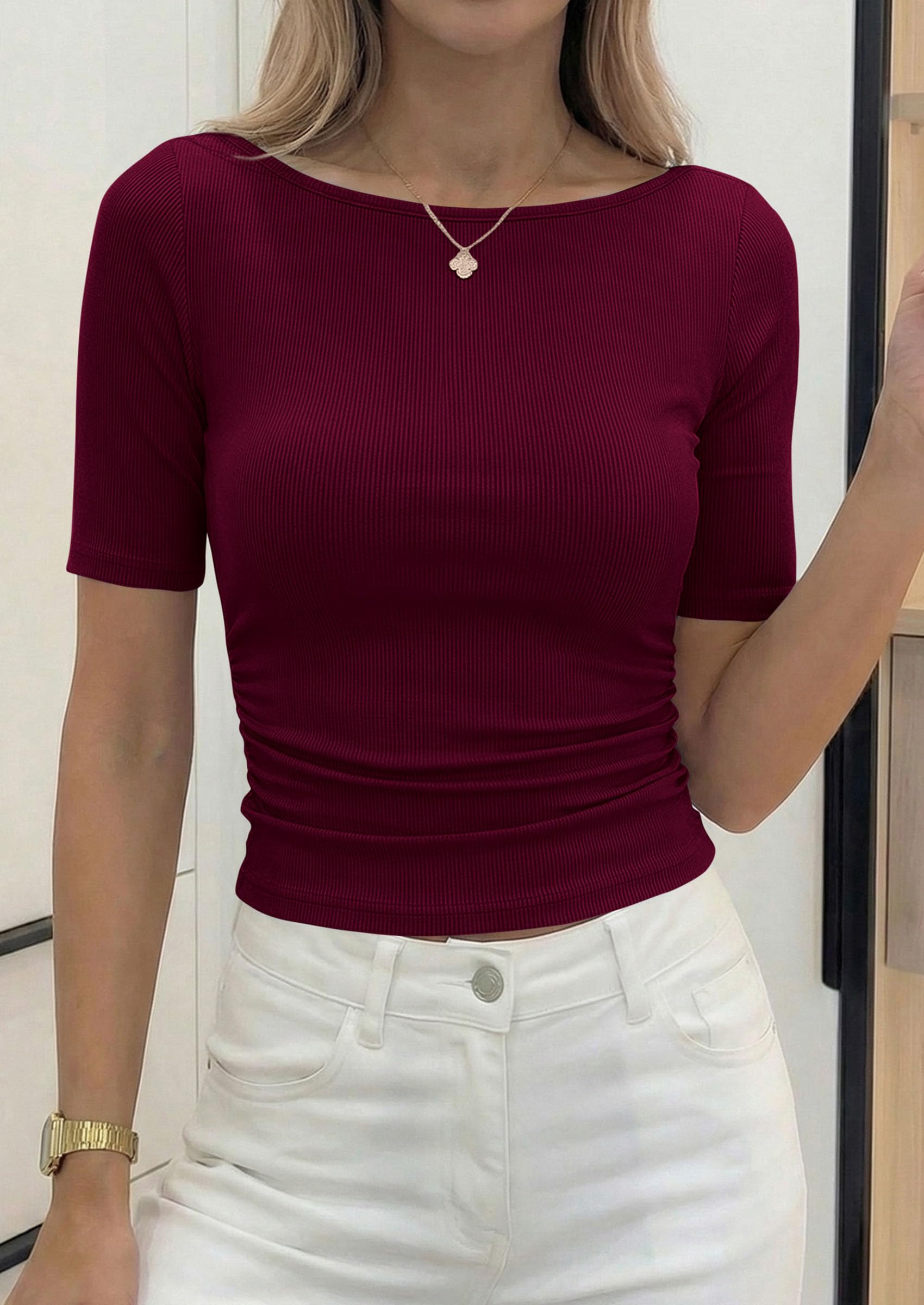 PRETTYGARDEN Womens Summer Short Sleeve Tops Boat Neck Ribbed Knit Slim Fit T Shirt Casual Basic Top 2026 Spring Clothes