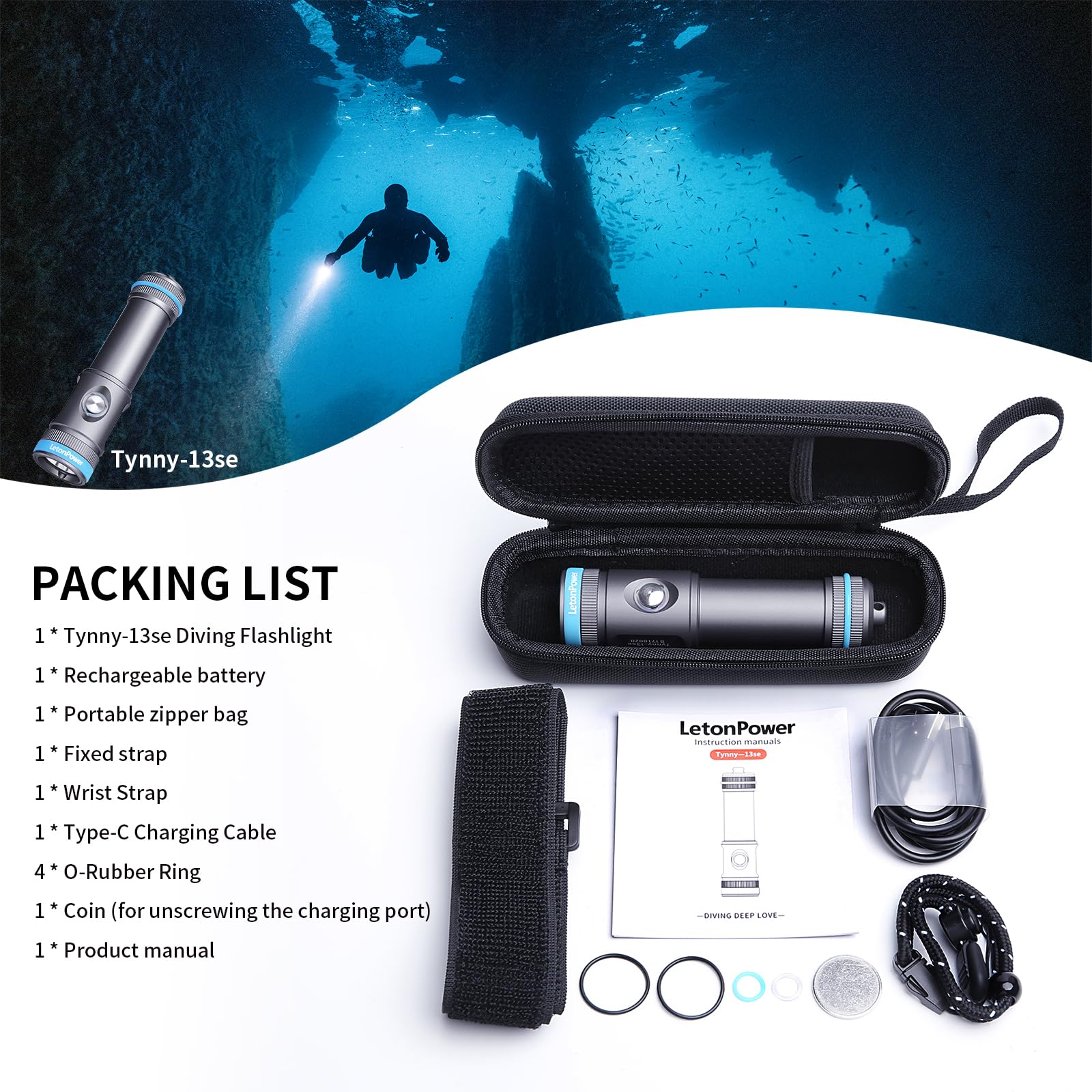Torcia Subacquea 2200 Lumen, 8° Spot, IP68 100m, Ricarica USB-C, Grigio