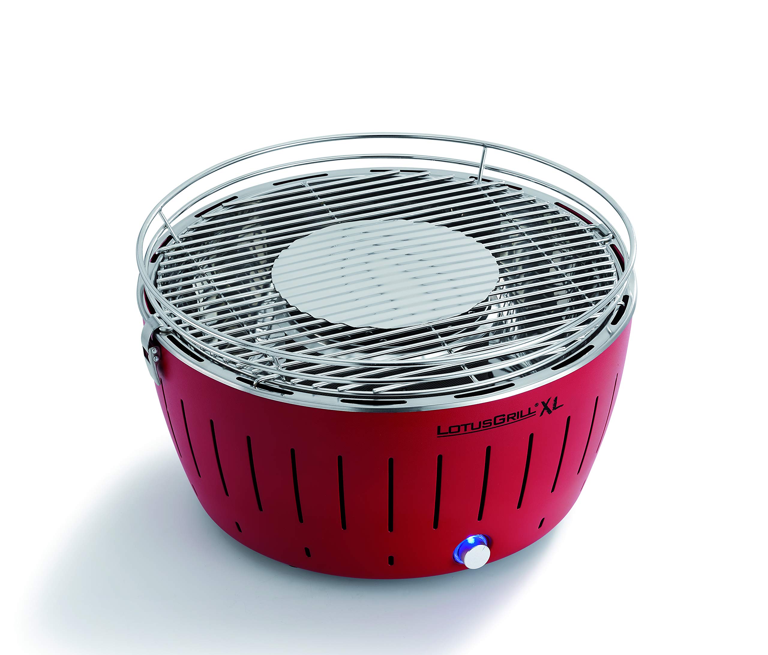 LotusGrill XL zestaw startowy 1 x XL grill ognioczerwony z przyłączem USB, 1 x węgiel bukowy 1 kg, 1 x pasta do rozpalania 200 ml, 1 x szczypce do kiełbasek, 1 x torba transportowa XL – grill na węgiel drzewny o niskiej emisji dymu