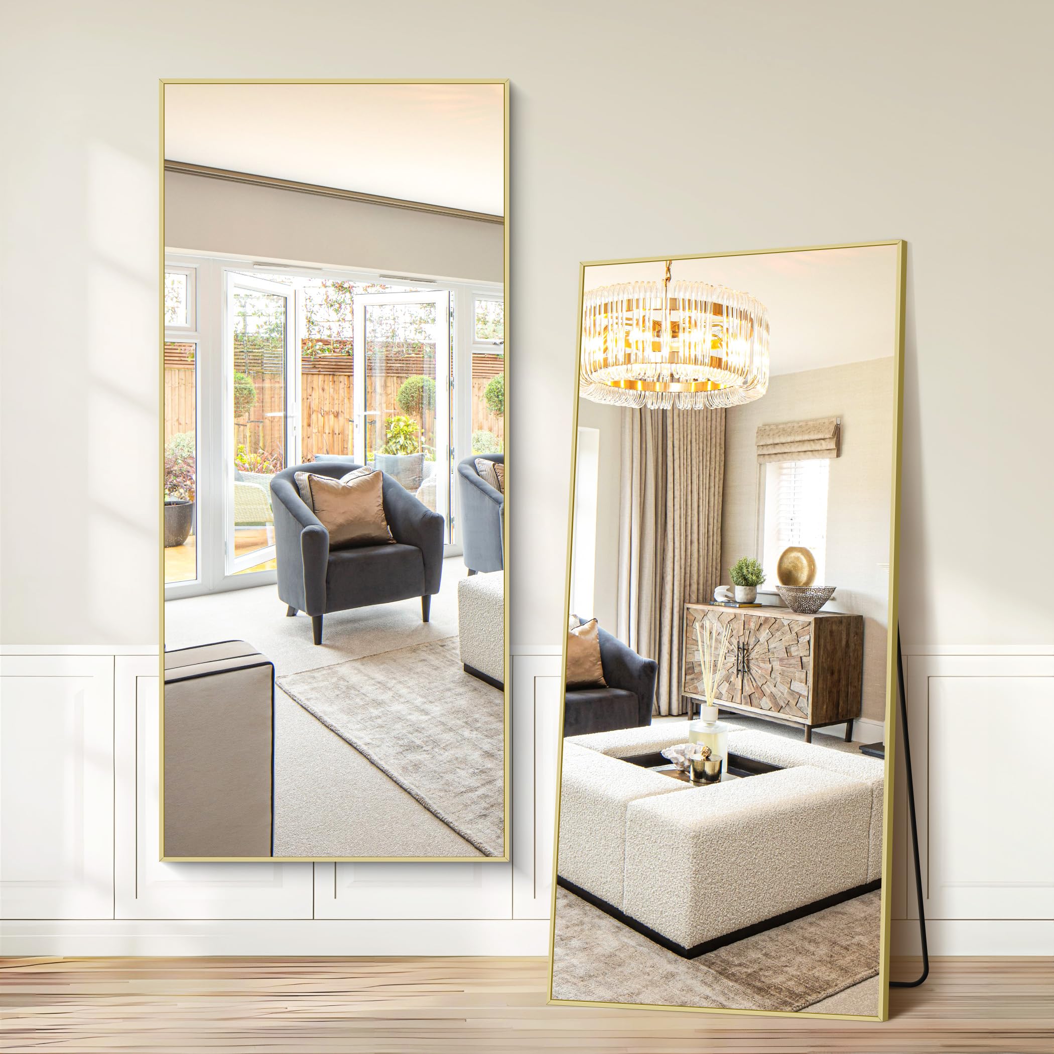 COFENY Spiegel Ganzkörper, 192 x 85 cm Spiegel Groß Wandspiegel mit Schwarzer Rahme, Spiegels Stehend, Anlehnen oder Hängen, Spiegesl Gold für Schlafzimmer, Wohnzimmer, Flur