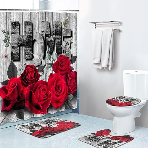 Juego de cortinas de ducha de 4 piezas, diseño de hojas de rosas rojas con alfombras antideslizantes, cubierta para tapa de inodoro y tapete de