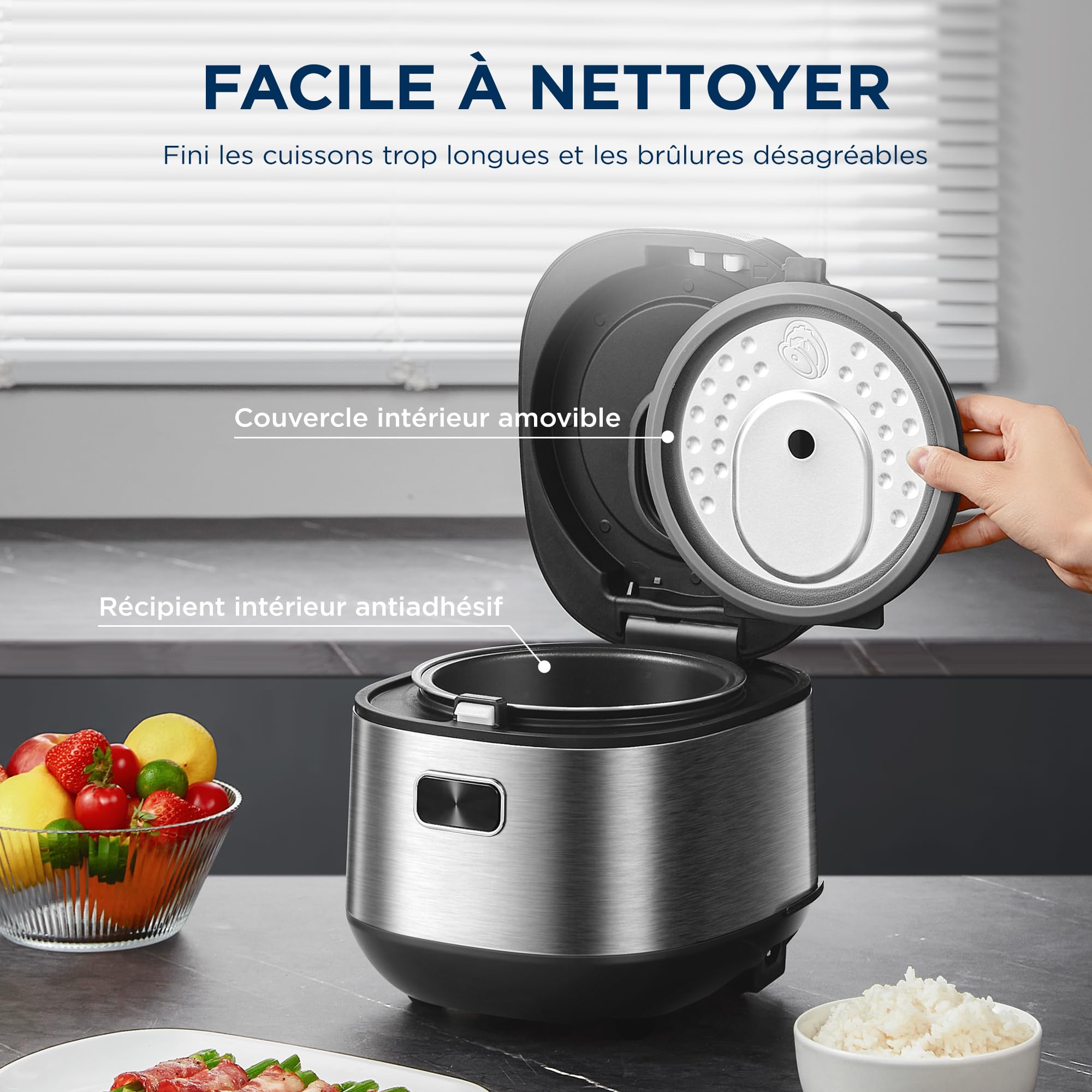Midea Cuiseur de Riz Multifonction 2L, 9 Programmes, 4 Tasses pour 1-3 Personnes, Chauffage Avancé, Riz Prêt en 30 Min, Antiadhésif, Maintien au Chaud 24h et Minuteur, Panier Vapeur Inclus
