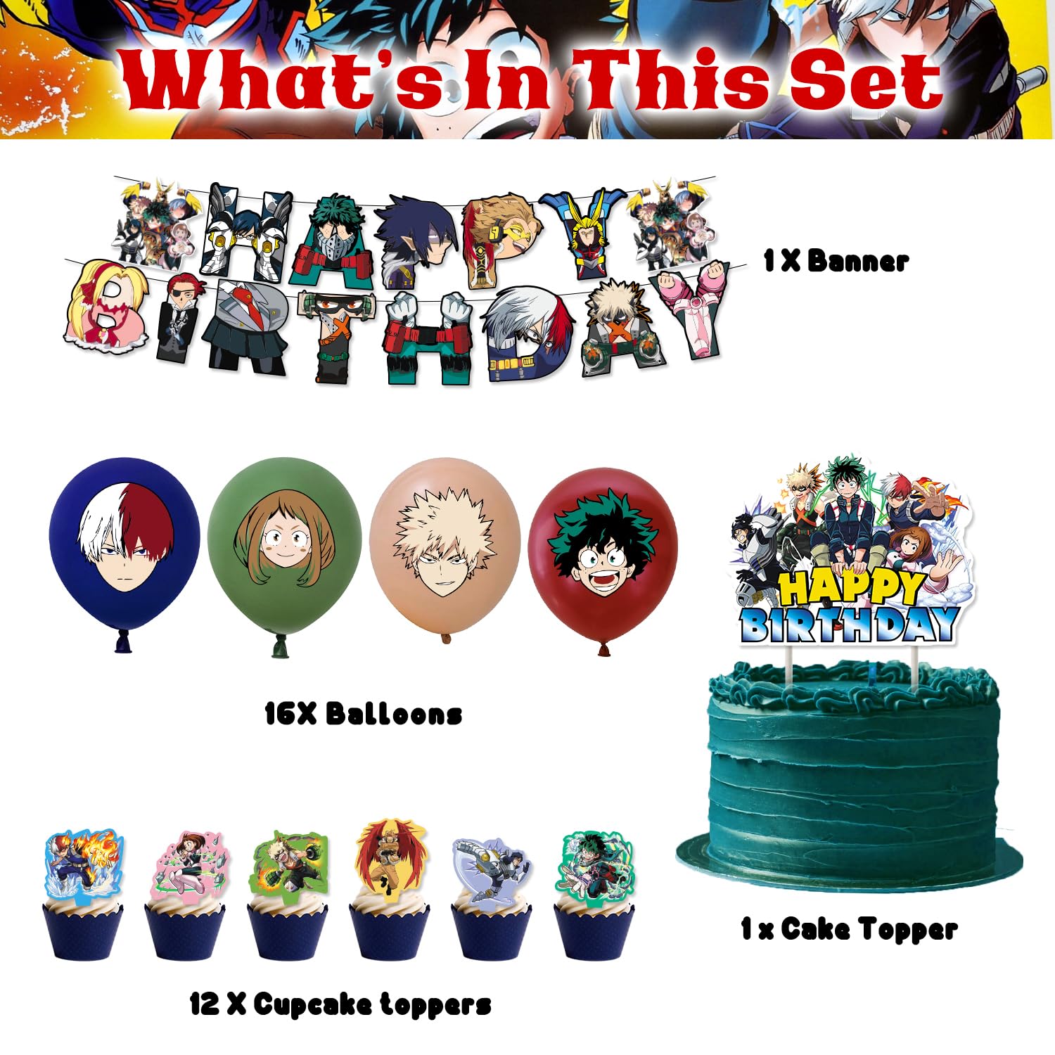 My Hero Academia Decorazione per Compleanno - Palloncini, Striscione, Decorazione per Torta e Accessori per Feste di Anime