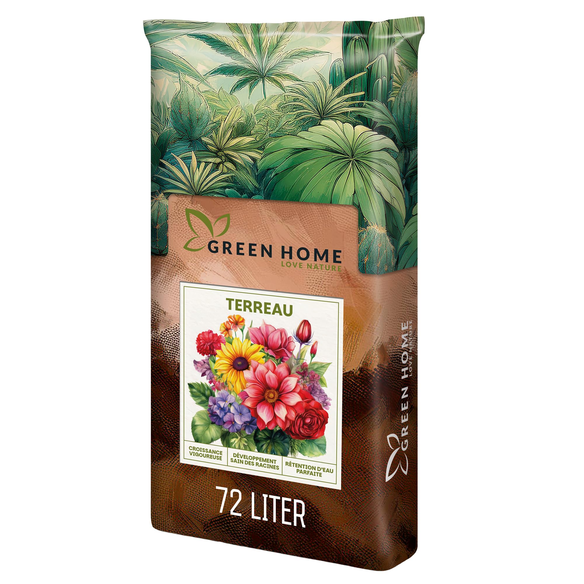 Green Home Terreau Universel 72L - pour Plantes Intérieur, Balcon & Jardin | avec NP 23-14, NPK 14-10-18 | Perlite, Fibre de Coco & Humus d’Écorce | pour Carrés Potagers & Bacs