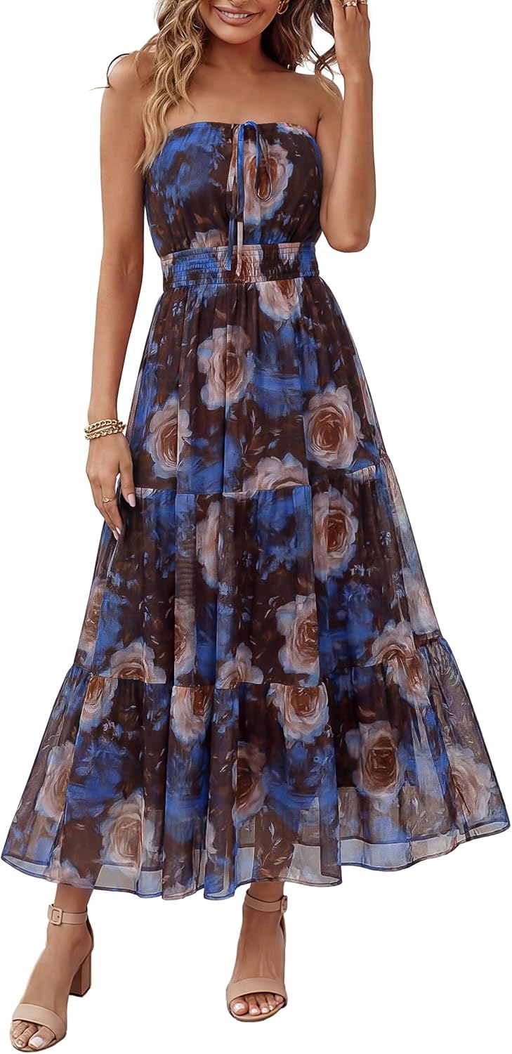 Simplee Women's Summer Maxi Dresses 2026 Elegant Strapless Boho Floral Mesh Vacation Beach Dress Wedding Guest Dresses