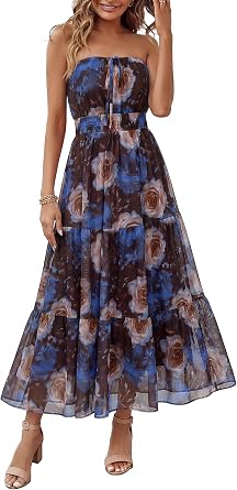 Simplee Womens Summer Maxi Dresses 2026 Elegant Strapless Boho Floral Mesh Vacation Beach Dress Wedding Guest Dresses