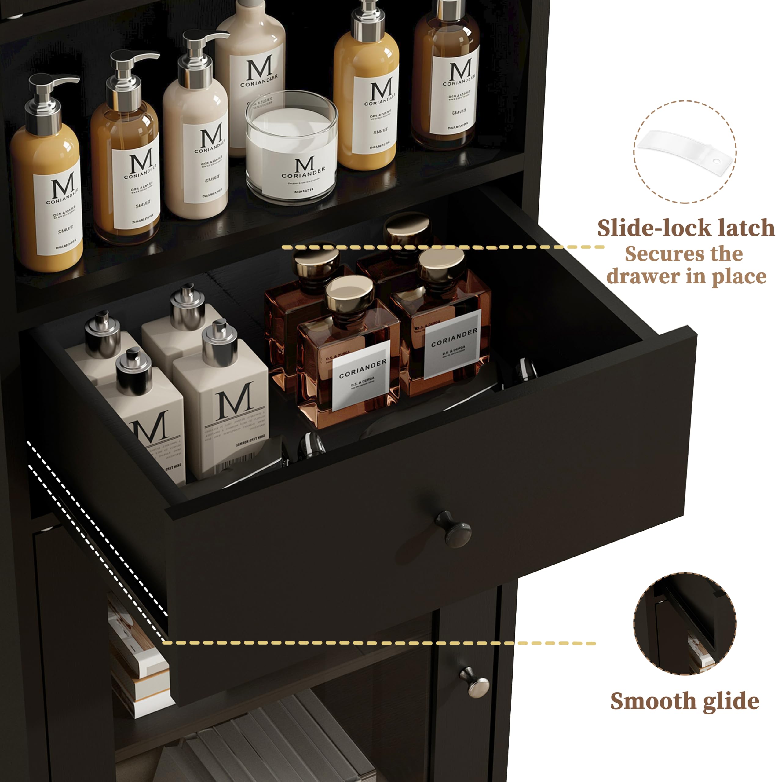 Badezimmerschrank Schmal mit 2 Acryltüren & Schublade, 170cm Badschrank Hochschrank für Badezimmer, 5 Fächern & Verstellbare Ablagen, 30 x 40 x 170 cm, Schwarz