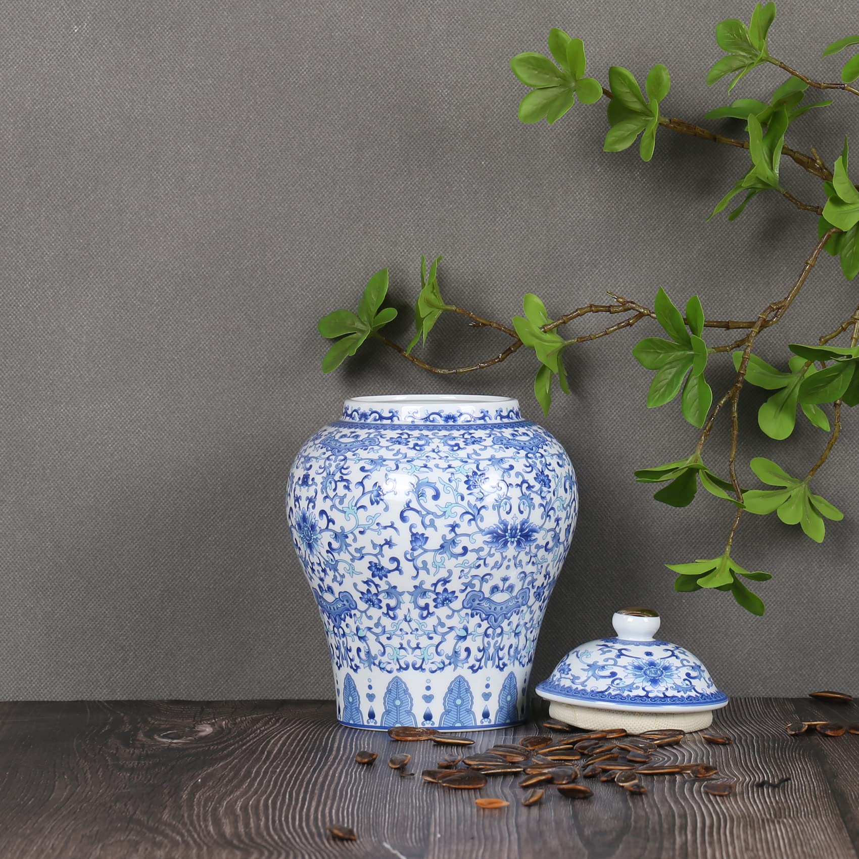Tarro chino de jengibre con tapa, estilo Ming-Qing, decoración de flores azules y blancas, jarrón cerámico