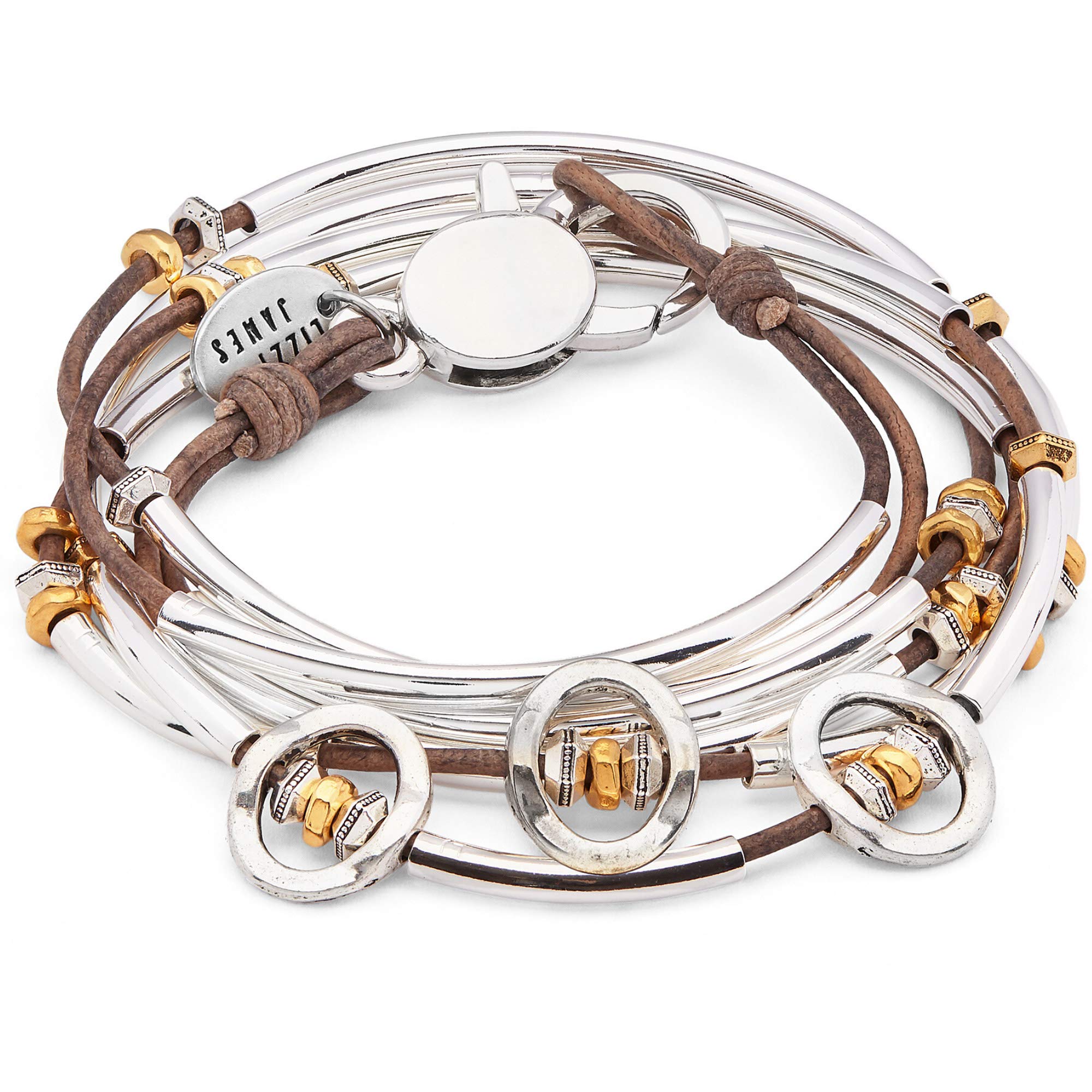 Lizzy JamesBeth Silver Wrap Bracelet Necklace With Silver Discs Gold Beads and Natural Brown Gray Leather